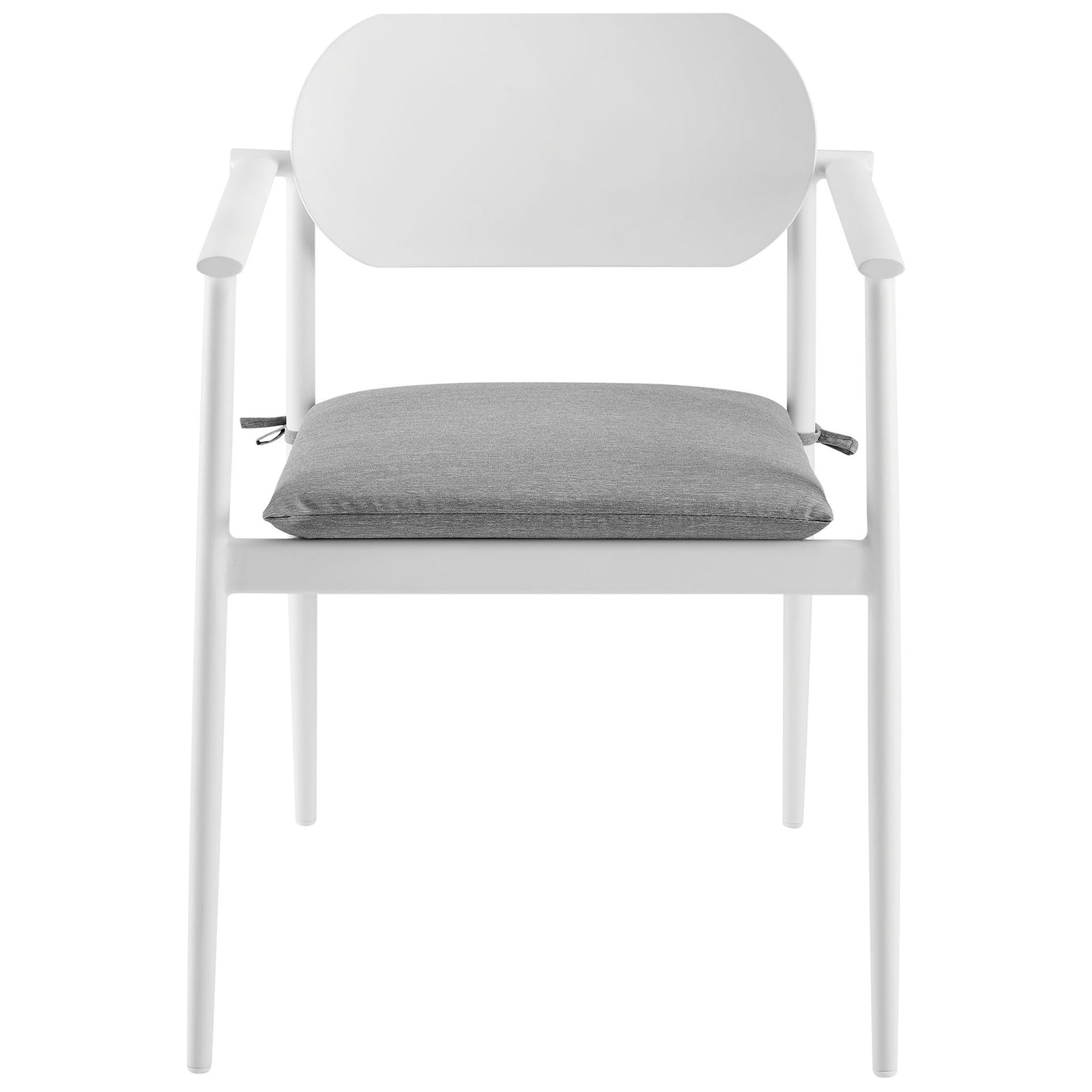 White aluminum patio dining armchair with oblong backrest and light gray cushioned seat || EEI-7148-WHI-LGR || front_studio