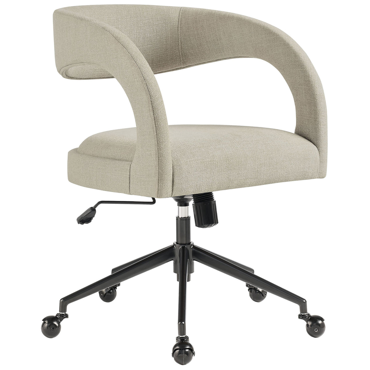 Barrel back linen office chair with open sides, plush seat, and black rollerball base on casters || EEI-7149-LIN || front_angle_studio