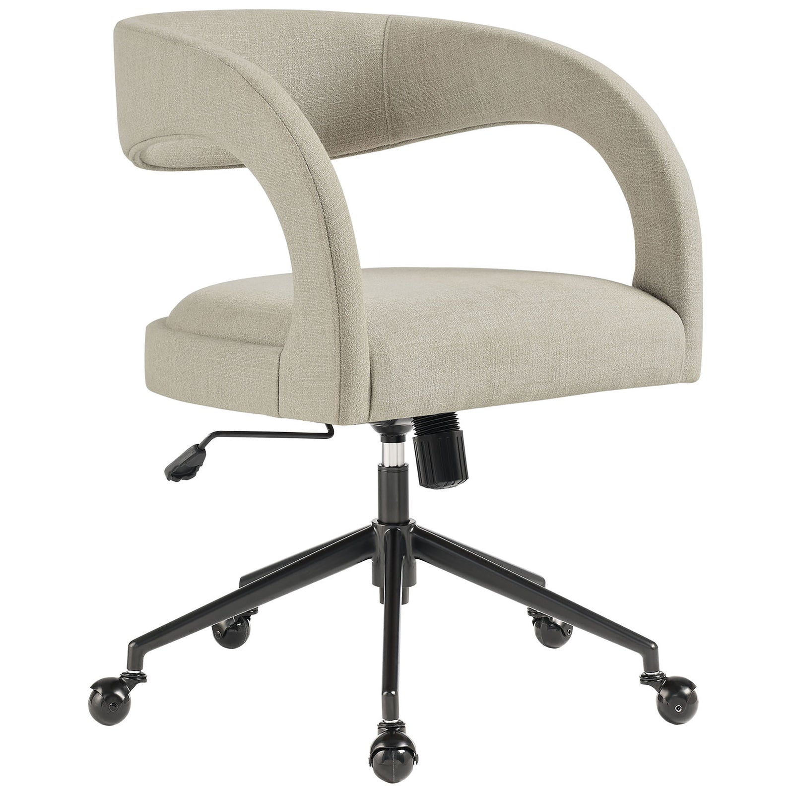 Barrel back linen office chair with open sides, plush seat, and black rollerball base on casters || EEI-7149-LIN || front_angle_studio