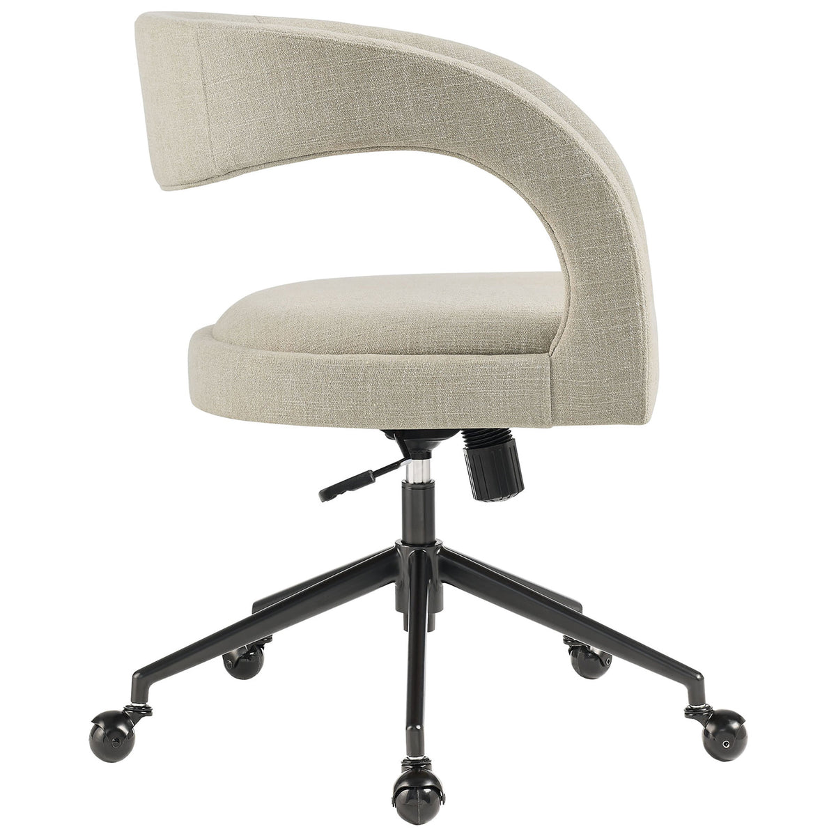 Curved barrel office chair in linen upholstery with slim silhouette and smooth-rolling casters || EEI-7149-LIN || side_studio