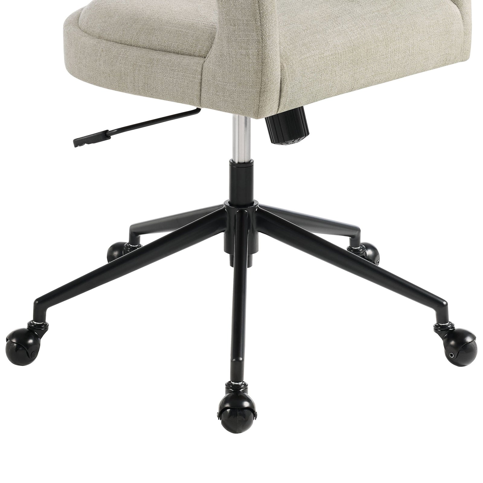 Black five-star base with rollerball casters supporting the linen upholstered office chair seat || EEI-7149-LIN || leg_studio