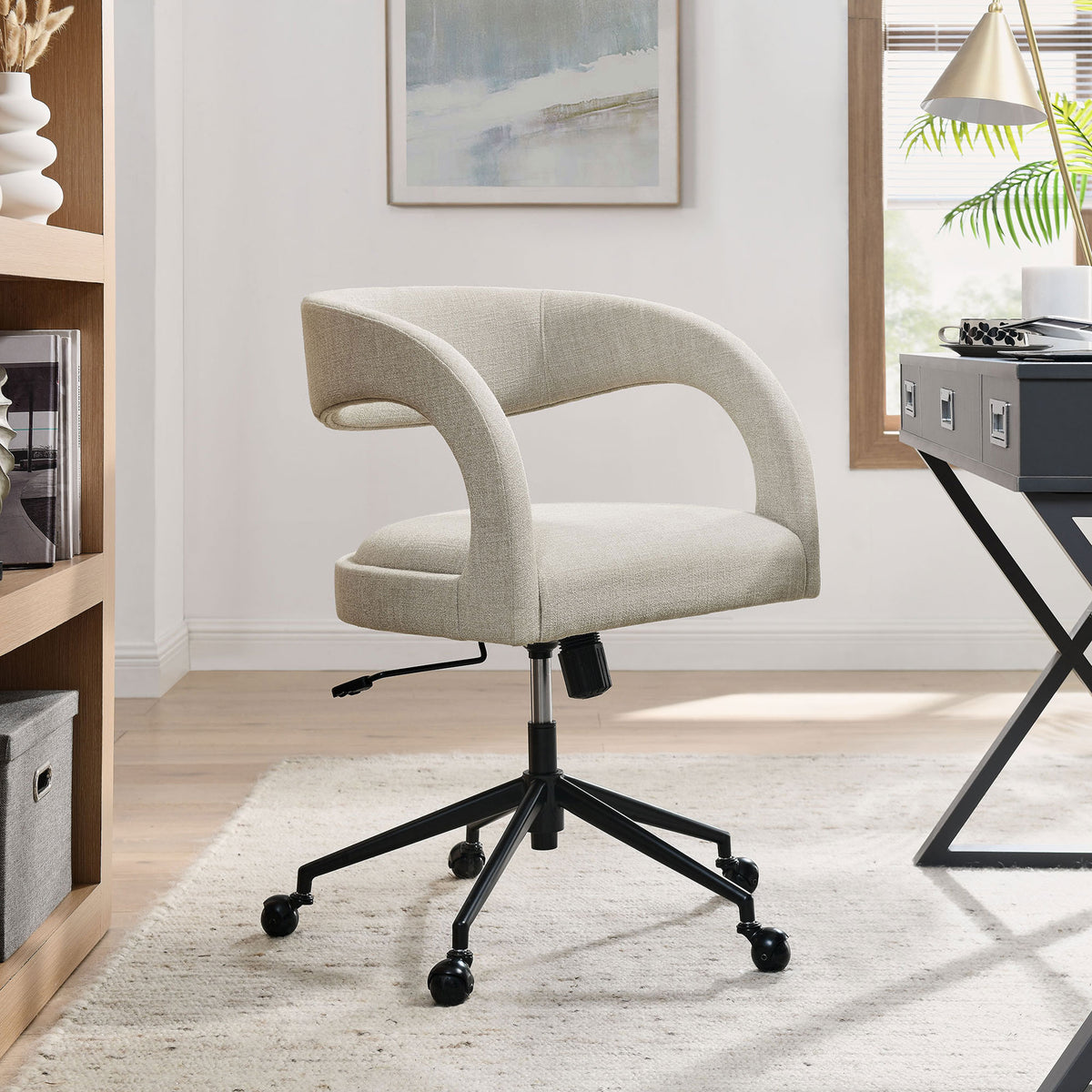 Pinnacle linen office chair in a bright home office with wood shelving and natural light || EEI-7149-LIN || front_angle_room