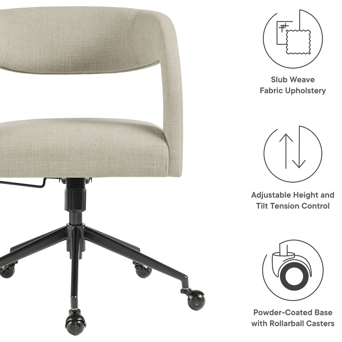 Linen office chair with feature icons for slub weave upholstery, adjustable comfort, and rollerball casters || EEI-7149-LIN || callout_studio