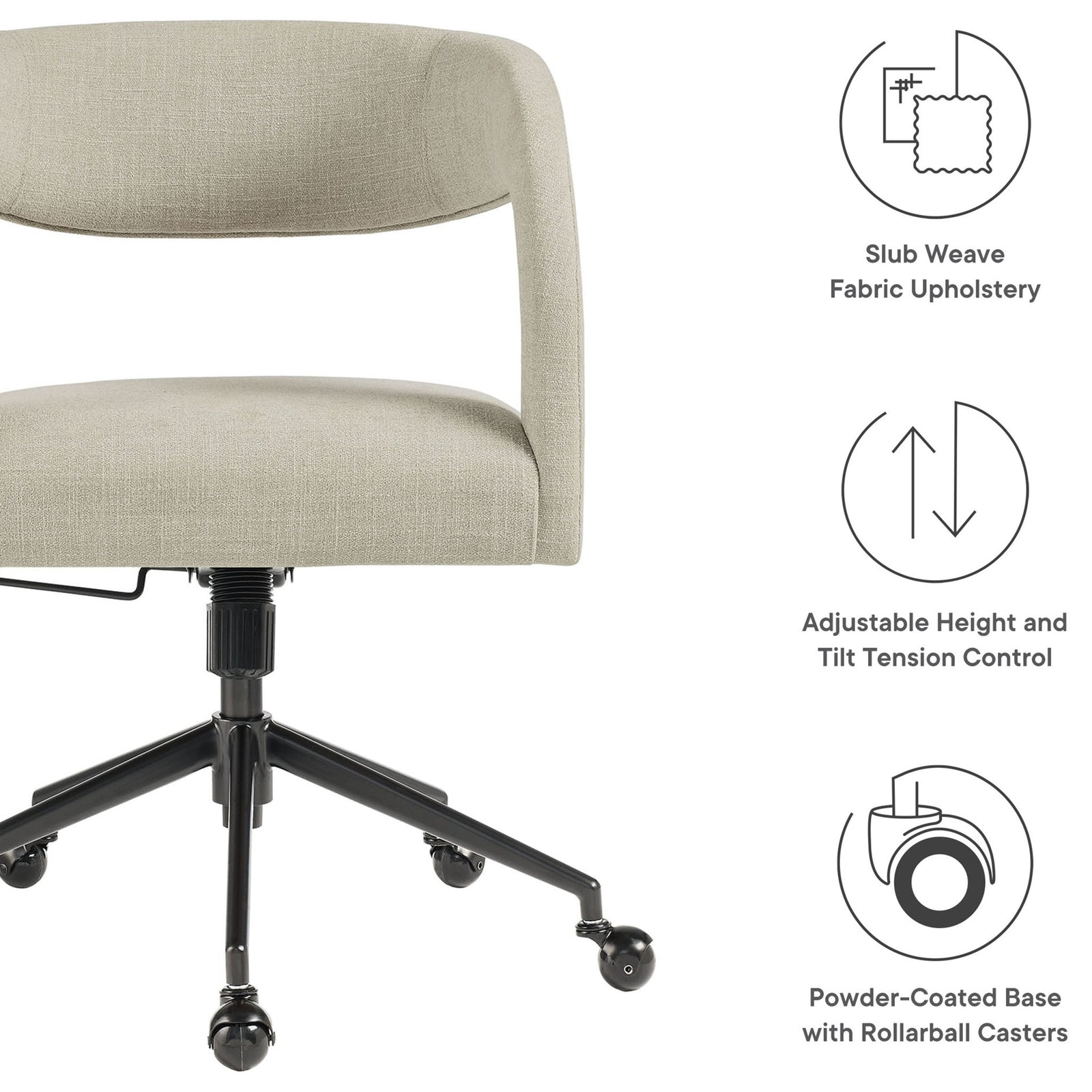 Linen office chair with feature icons for slub weave upholstery, adjustable comfort, and rollerball casters || EEI-7149-LIN || callout_studio