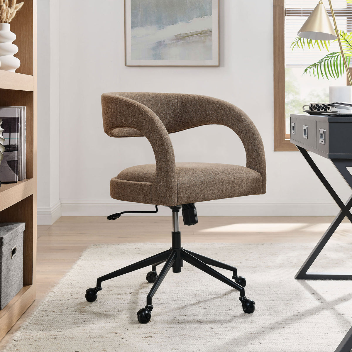 Mocha barrel back office chair with plush seat complements a neutral rug and modern writing desk || EEI-7149-MOC || front_angle_room