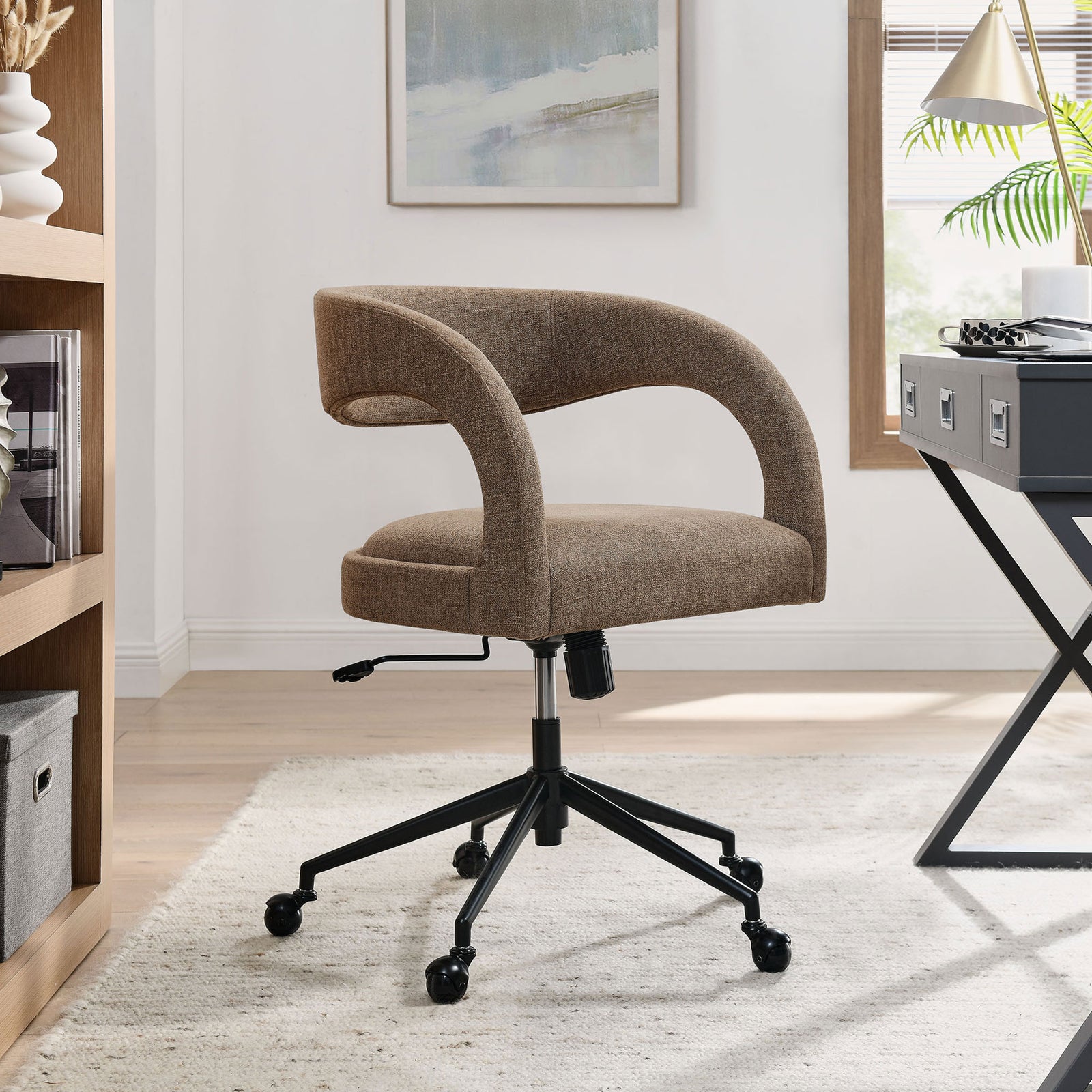 Mocha barrel back office chair with plush seat complements a neutral rug and modern writing desk || EEI-7149-MOC || front_angle_room