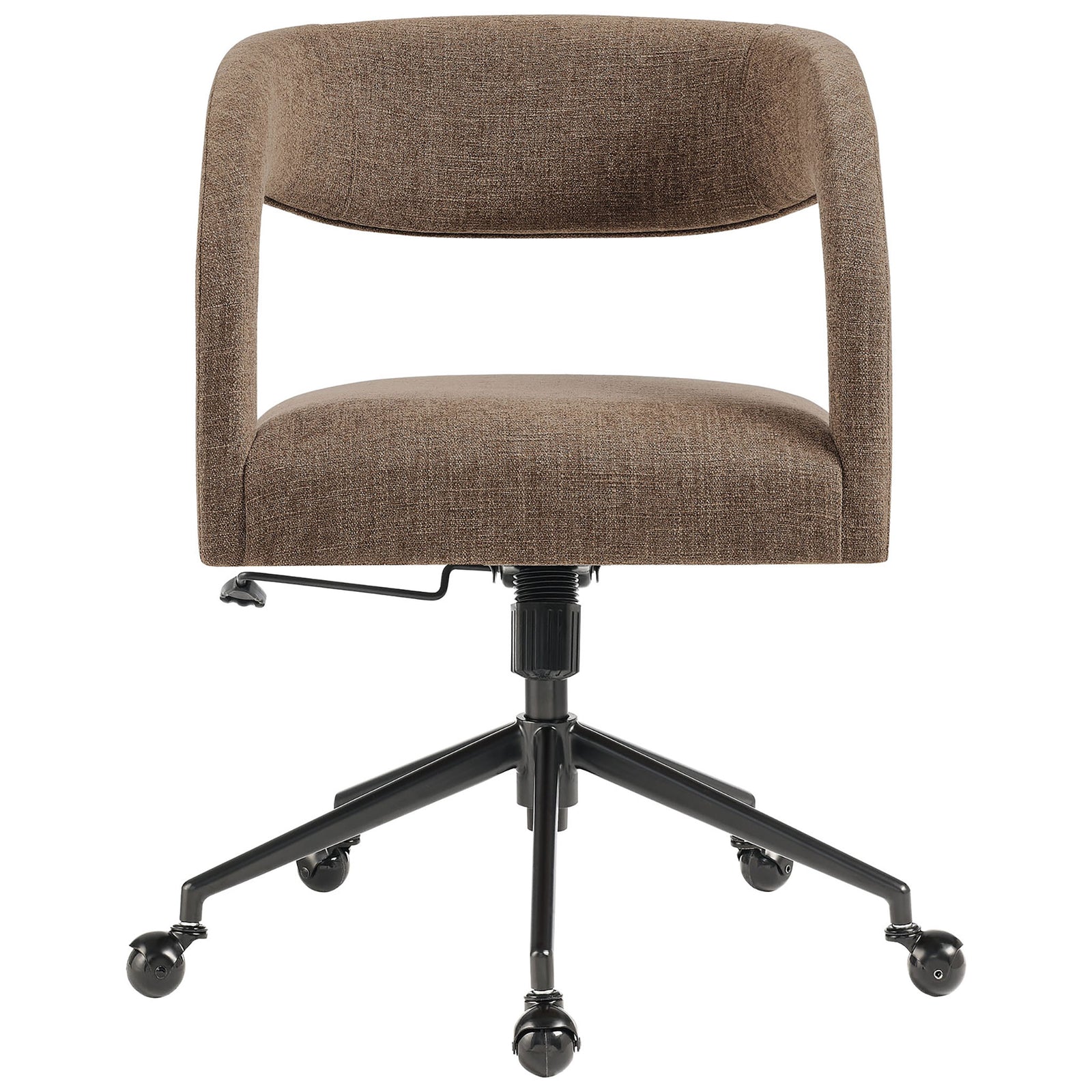 Mocha upholstered office chair with open lower back, thick padded seat, and five-wheel black base || EEI-7149-MOC || front_studio