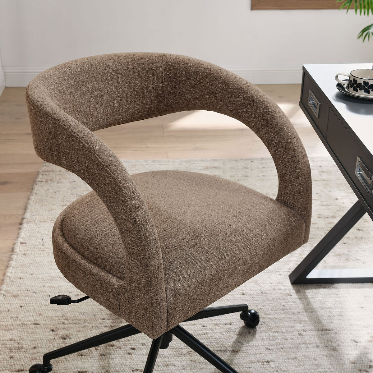 Mocha barrel back office chair styled beside a sleek desk in a bright, modern home office || EEI-7149-MOC || detail_room