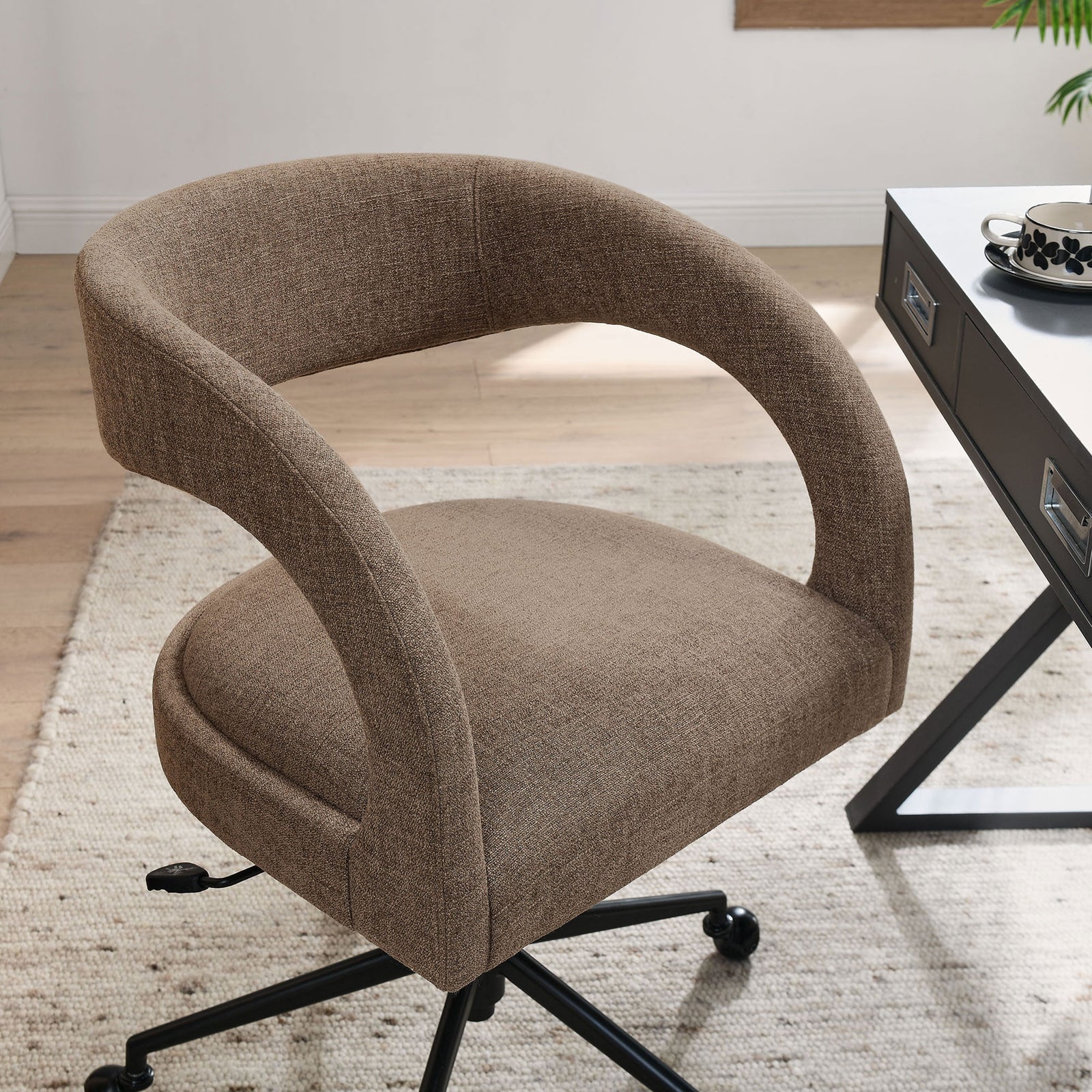 Mocha barrel back office chair styled beside a sleek desk in a bright, modern home office || EEI-7149-MOC || detail_room