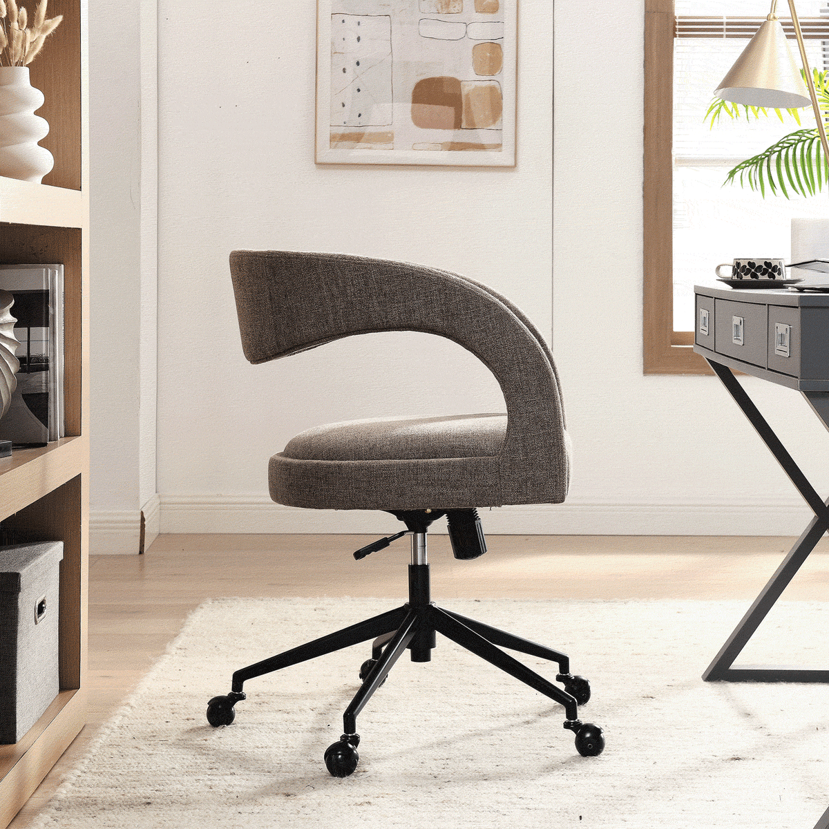 Mocha office chair on rollerball casters paired with a contemporary desk in a cozy home workspace || EEI-7149-MOC || side_room
