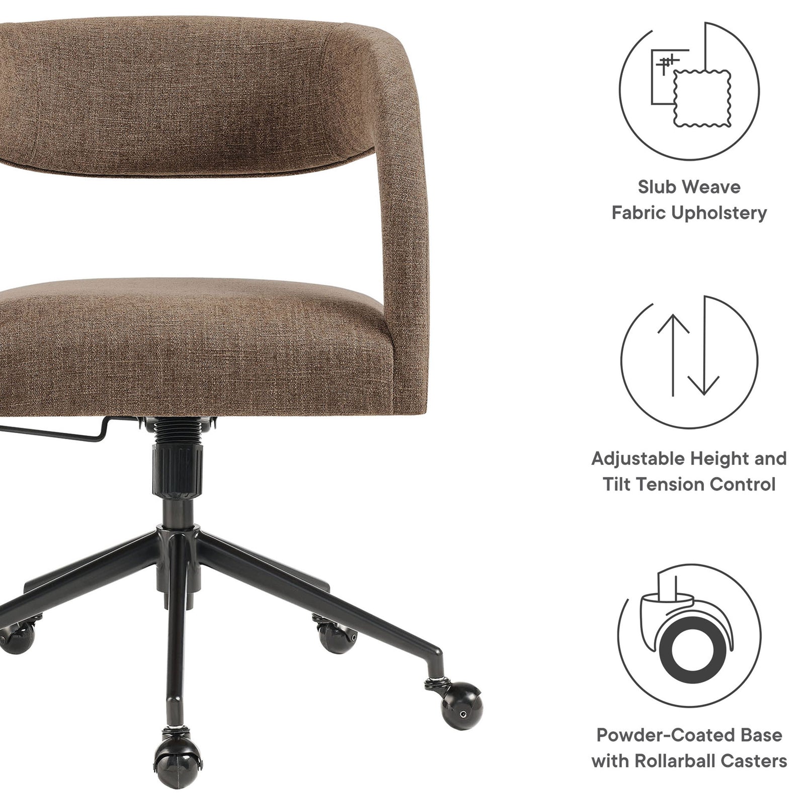 Highlights slub weave upholstery, adjustable tilt and height controls, and a powder-coated base with casters || EEI-7149-MOC || callout_studio