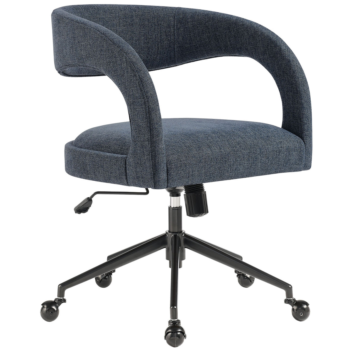 Slate blue barrel office chair with open-back design, plush seat, and black rollerball base. || EEI-7149-SLB || front_angle_studio
