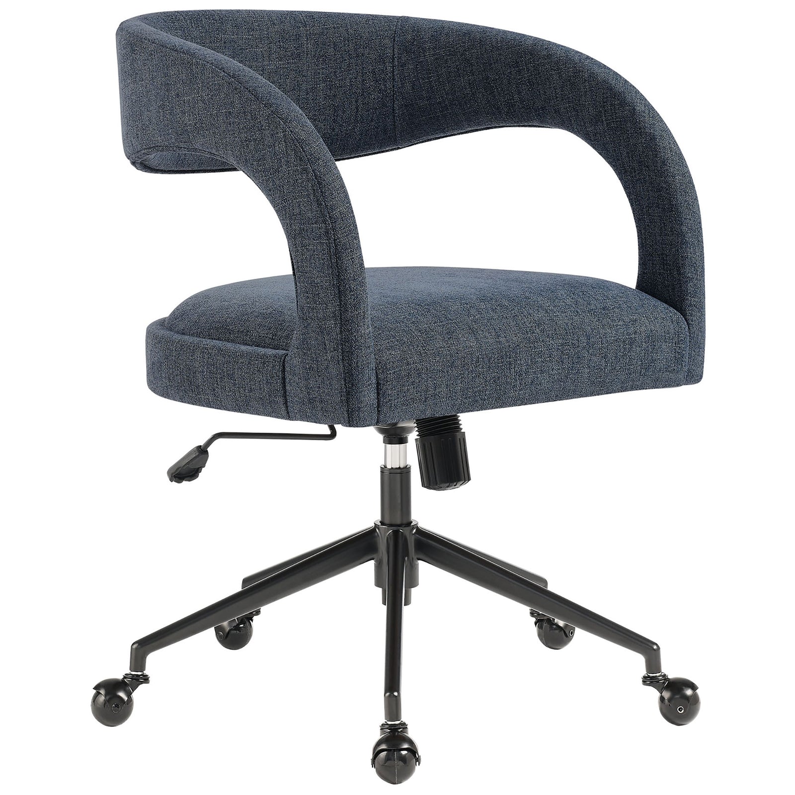 Front view of modern slate blue upholstered office chair with open lower back for airy comfort. || EEI-7149-SLB || front_studio