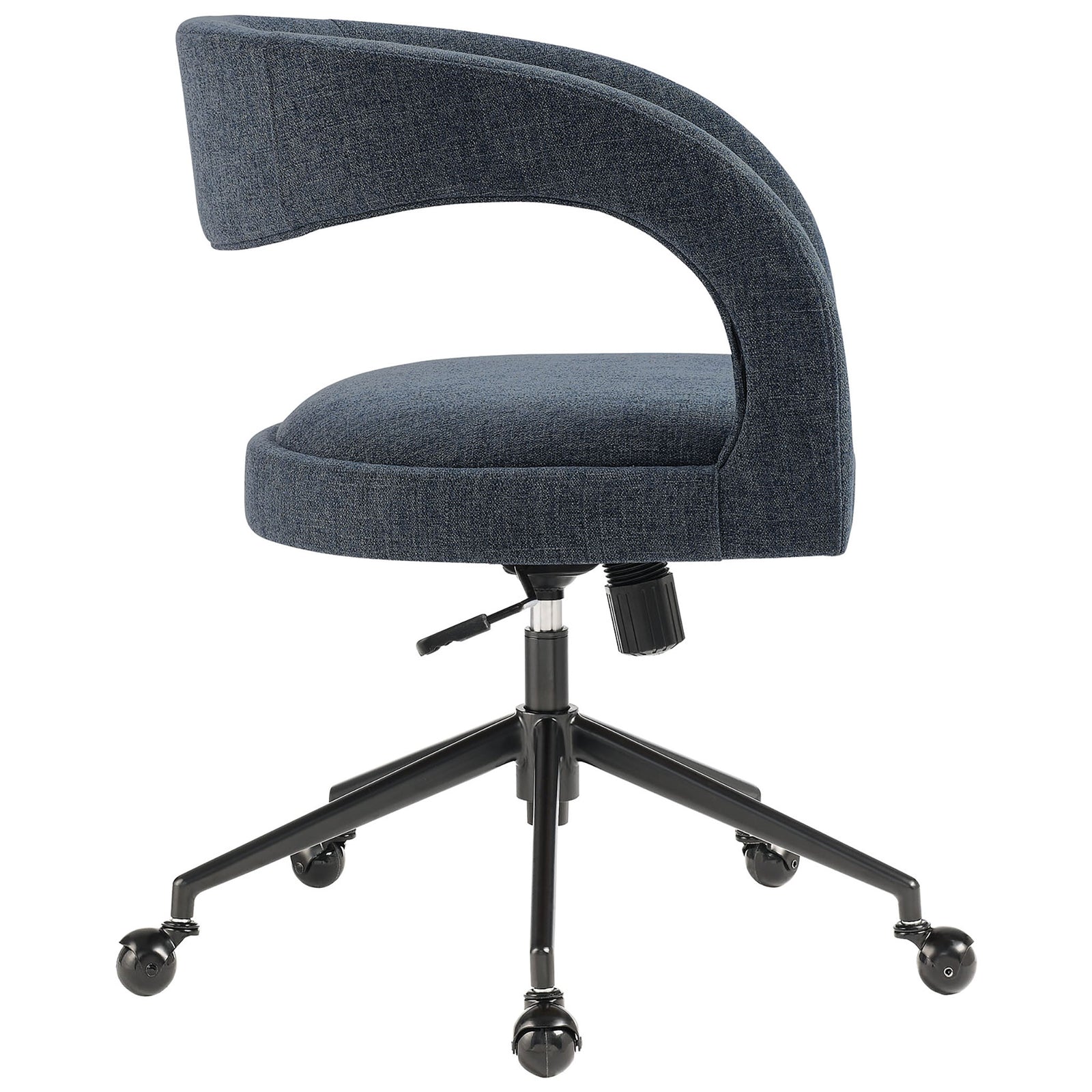 Side view of curved barrel back office chair highlighting thick cushioned seat. || EEI-7149-SLB || side_studio