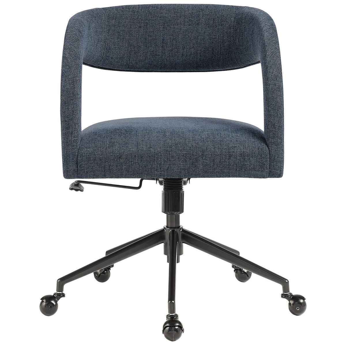 Front view of modern slate blue upholstered office chair with open lower back for airy comfort. || EEI-7149-SLB || front_studio