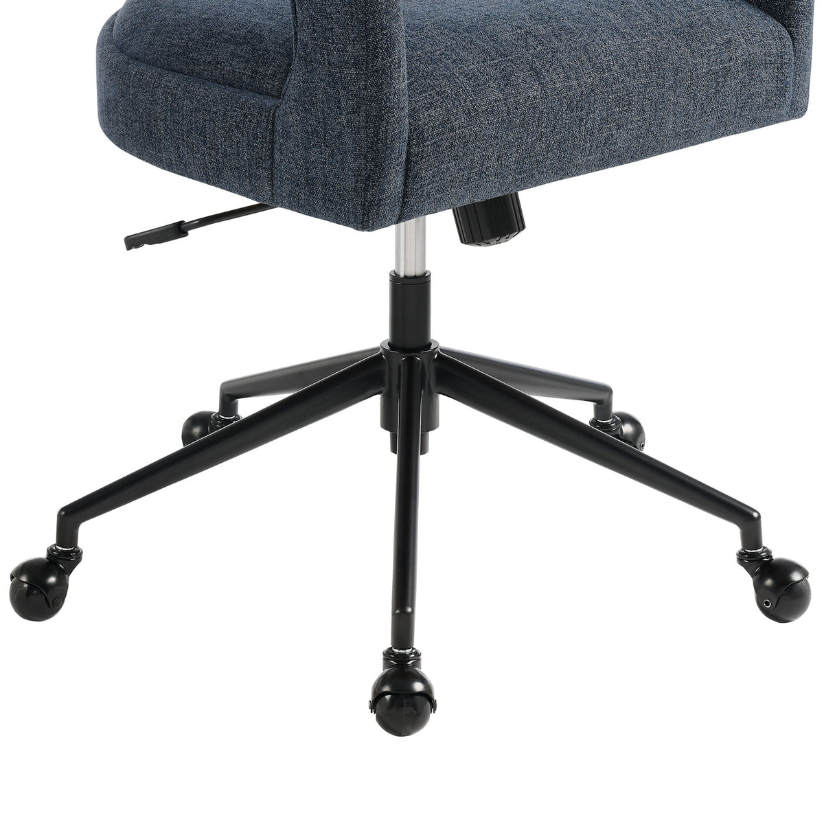 Close-up of black powder-coated five-star base with smooth rollerball casters for easy movement. || EEI-7149-SLB || leg_studio