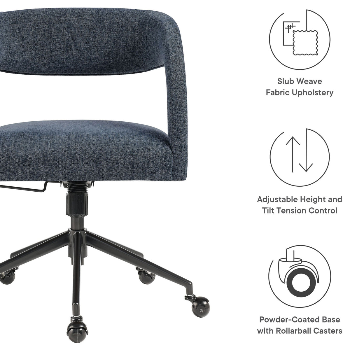 Feature graphic highlighting slub weave upholstery, adjustable height, and rollerball casters. || EEI-7149-SLB || callout_studio