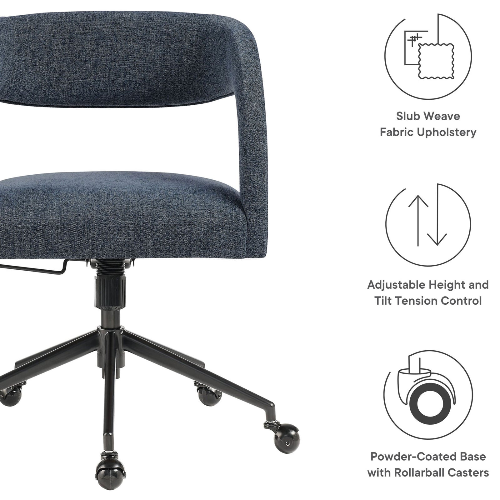 Feature graphic highlighting slub weave upholstery, adjustable height, and rollerball casters. || EEI-7149-SLB || callout_studio