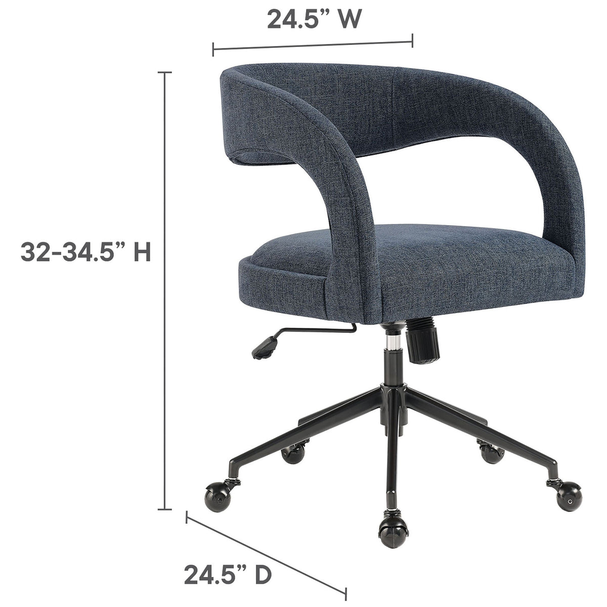 Dimension guide for Pinnacle upholstered office chair with overall height, width, and depth shown. || EEI-7149-SLB || dimension_studio