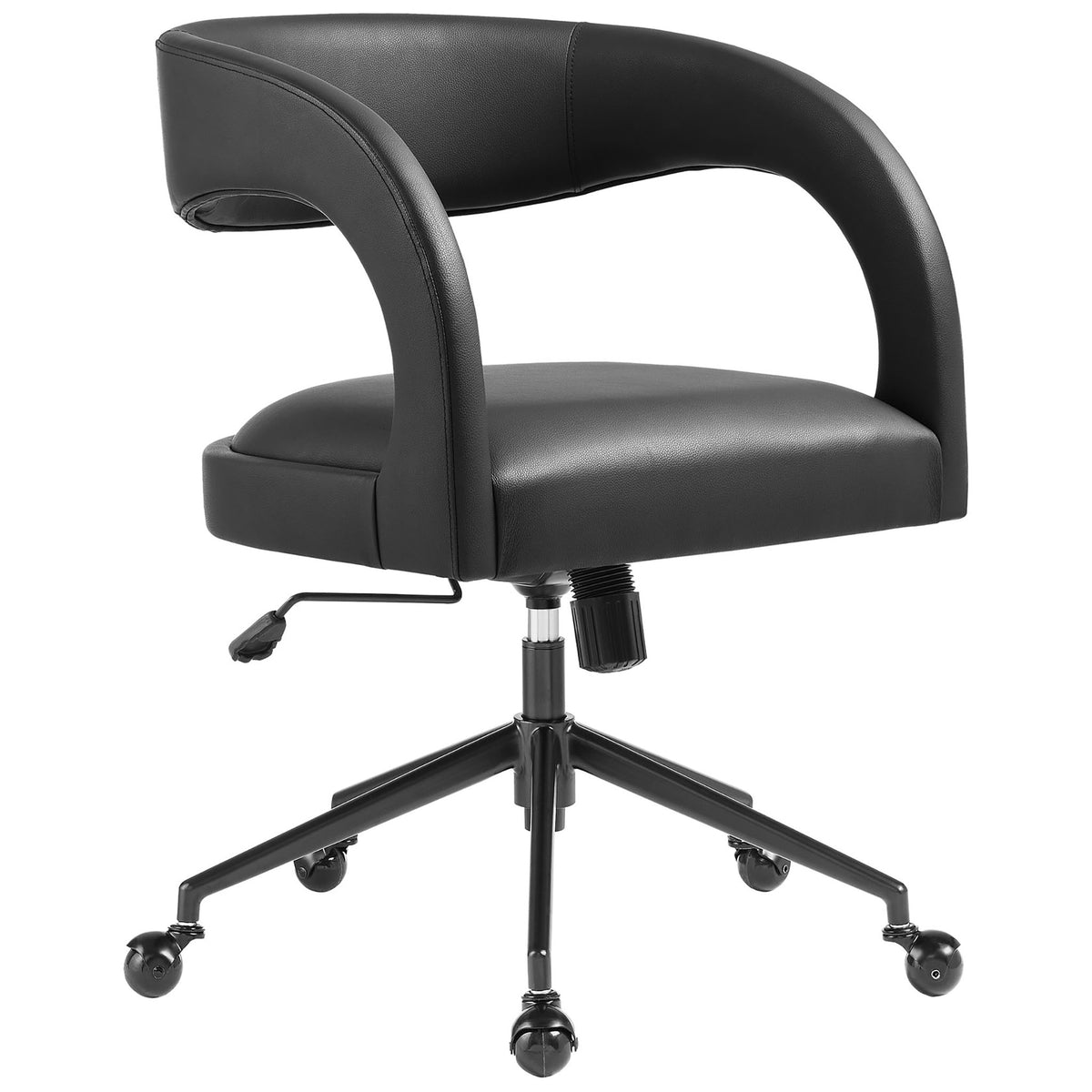 Curved barrel-back black office chair with vegan leather upholstery and adjustable gas-lift base. || EEI-7150-BLK || front_angle_studio