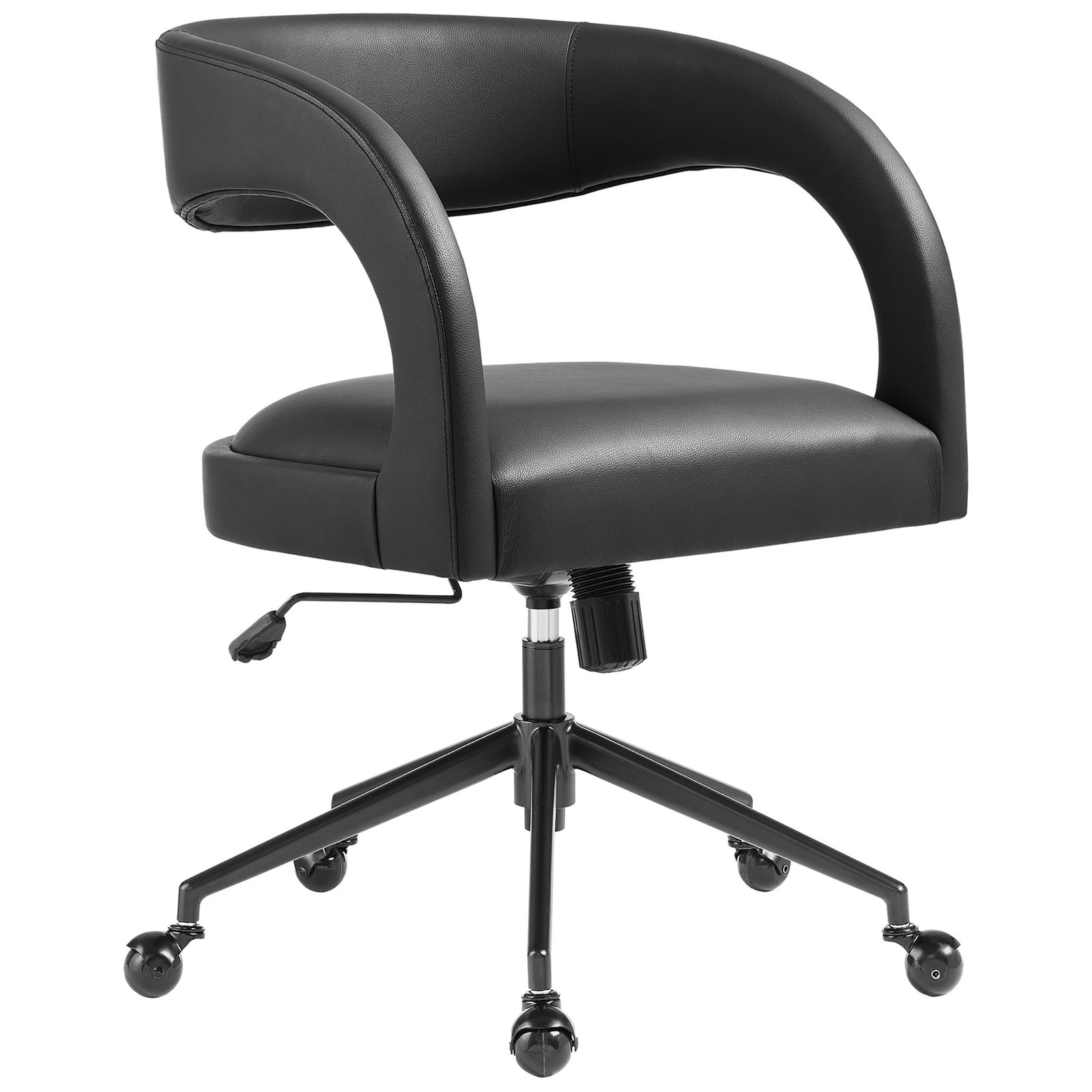 Curved barrel-back black office chair with vegan leather upholstery and adjustable gas-lift base. || EEI-7150-BLK || front_angle_studio