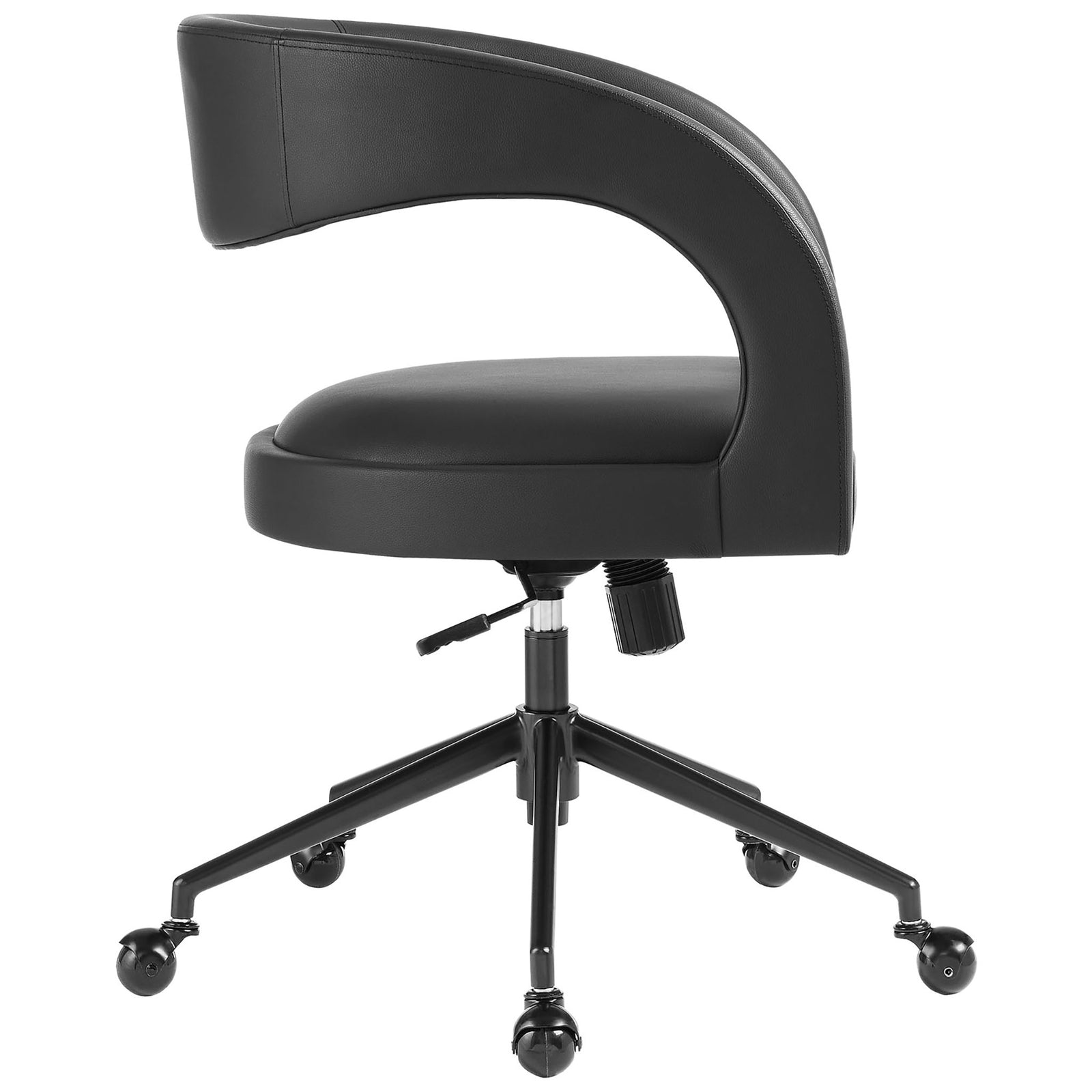 Side profile of black vegan leather desk chair showcasing thick seat cushion and wraparound back. || EEI-7150-BLK || side_studio