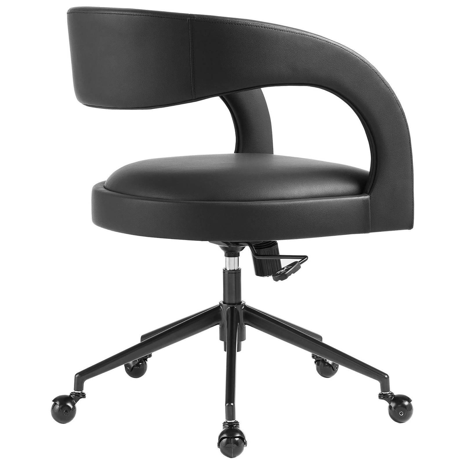 Back view of black barrel office chair highlighting smooth curved backrest and open lower frame. || EEI-7150-BLK || back_angle_studio