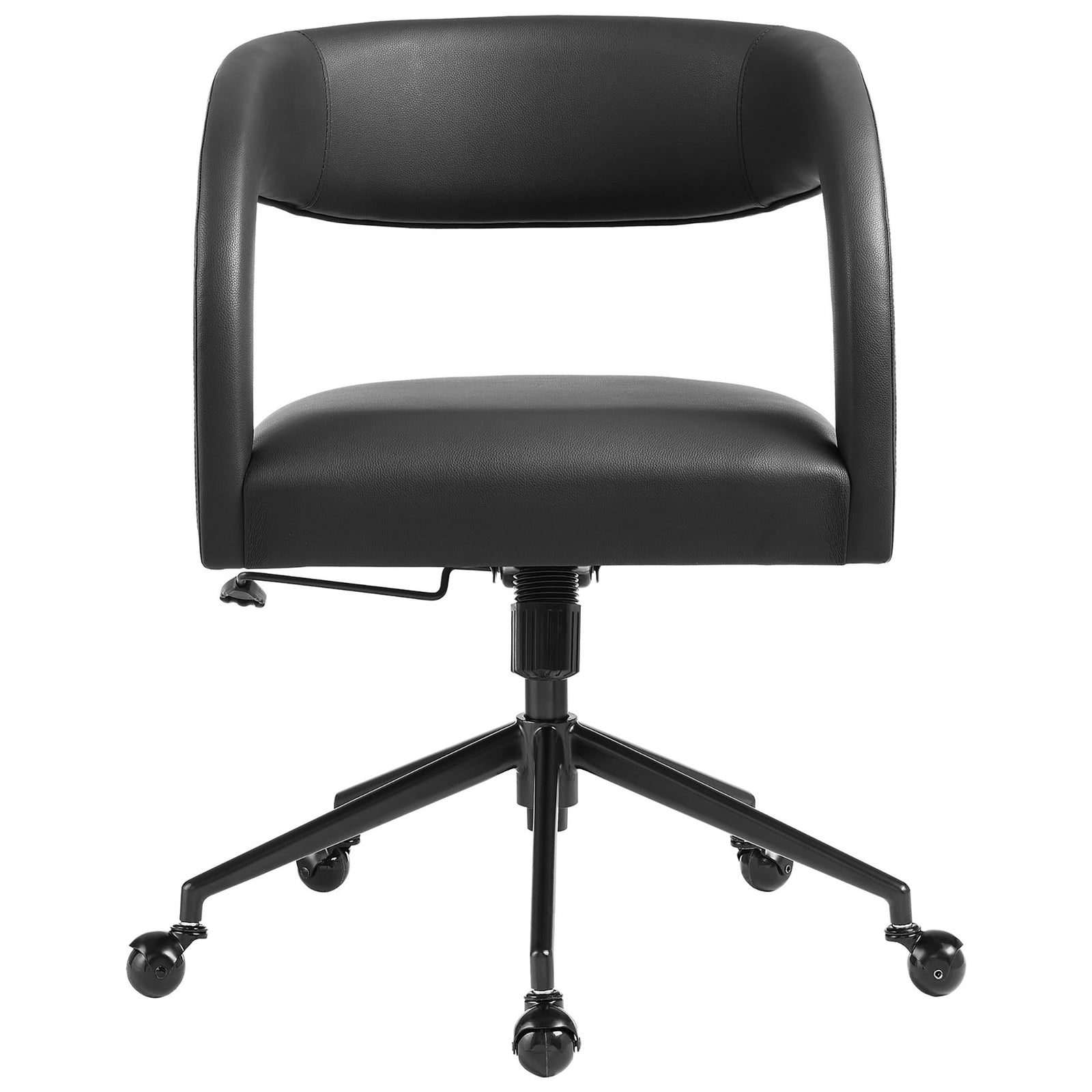 Black vegan leather barrel office chair with open back and plush cushioned seat. || EEI-7150-BLK || front_studio