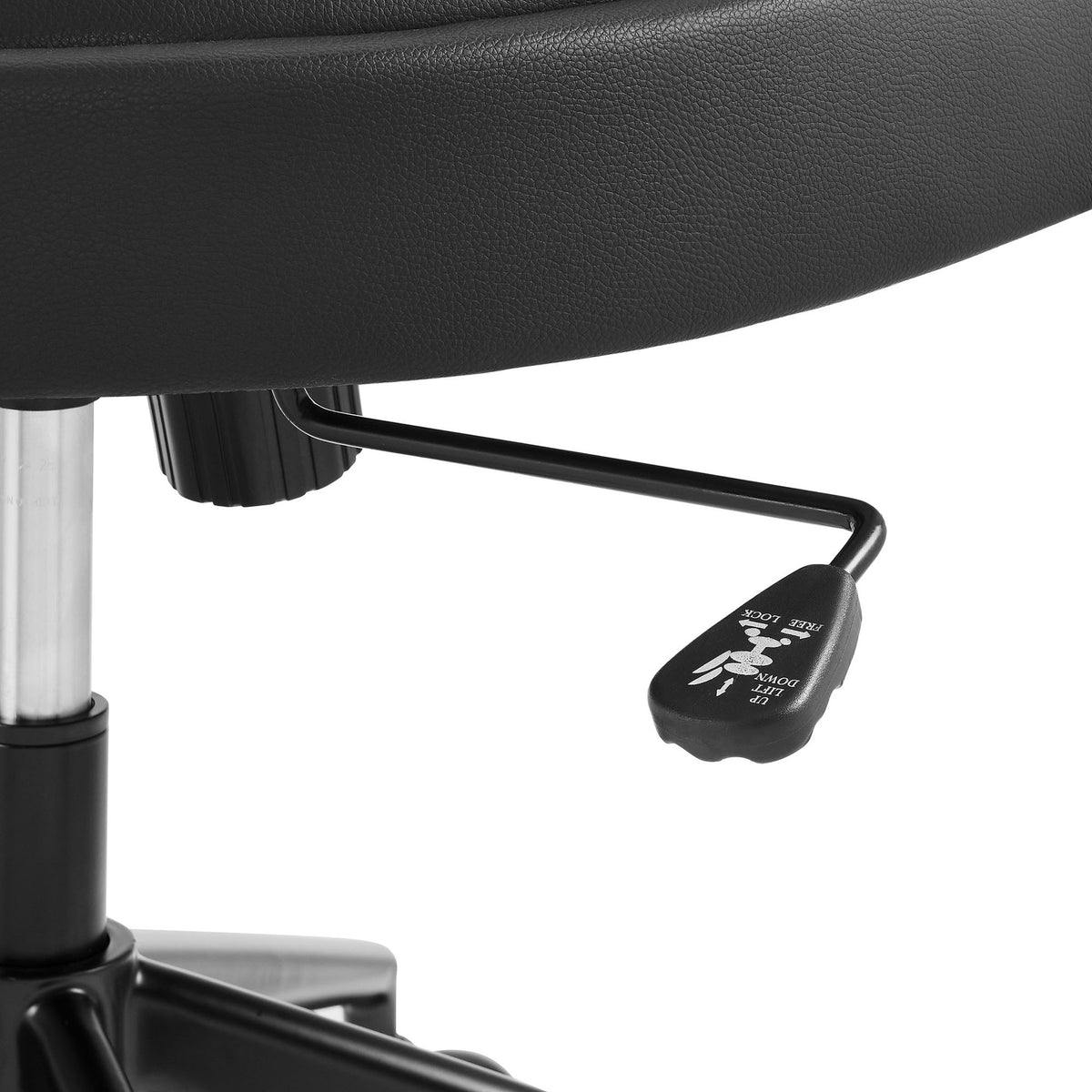 Close-up of tilt tension and height adjustment lever beneath the cushioned seat. || EEI-7150-BLK || detail_studio