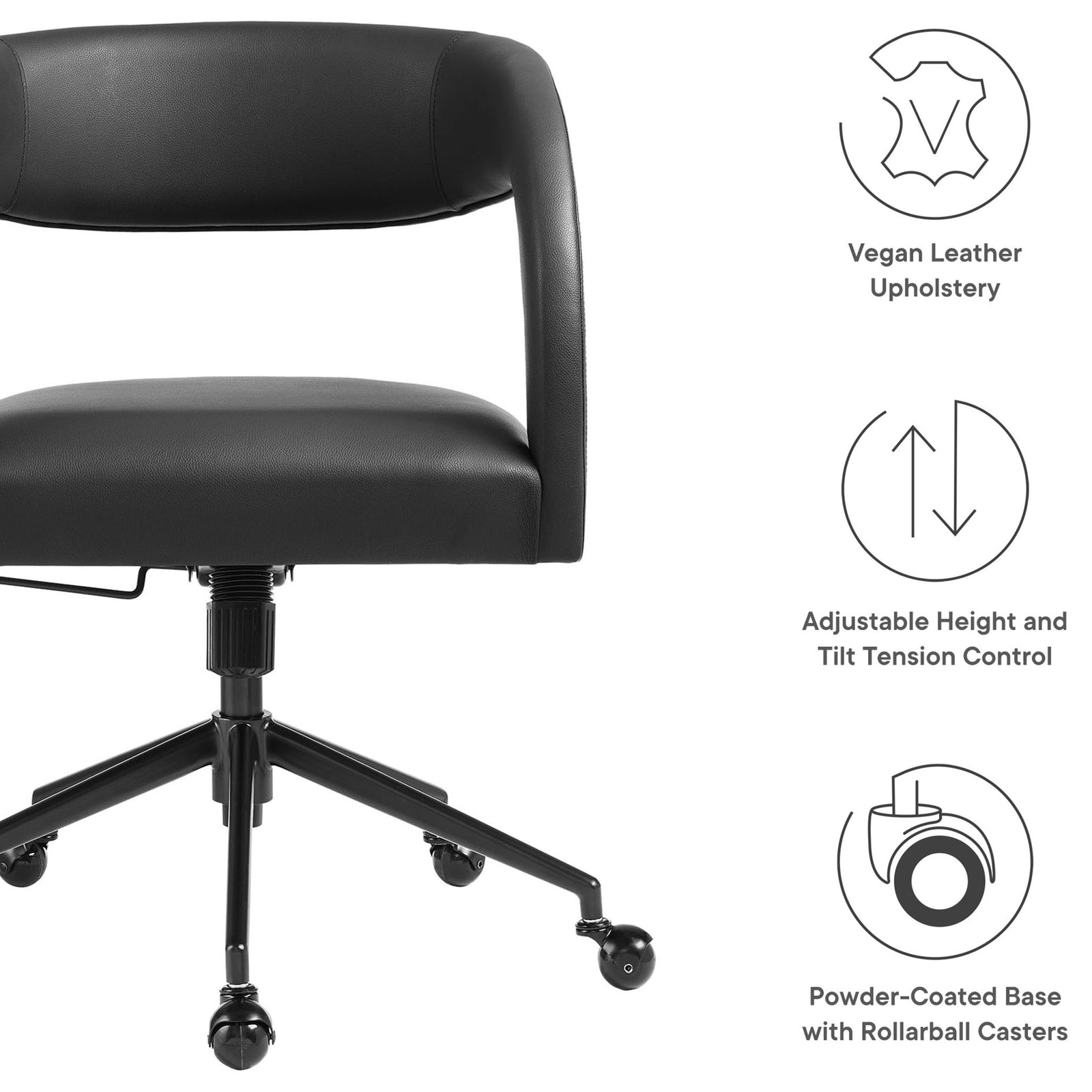 Feature graphic of Pinnacle vegan leather office chair with icons for upholstery, adjustability, and base. || EEI-7150-BLK || callout_studio