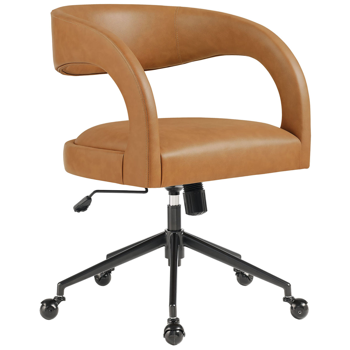 Curved barrel-back tan office chair with vegan leather upholstery and sleek black swivel base || EEI-7150-TAN || front_angle_studio
