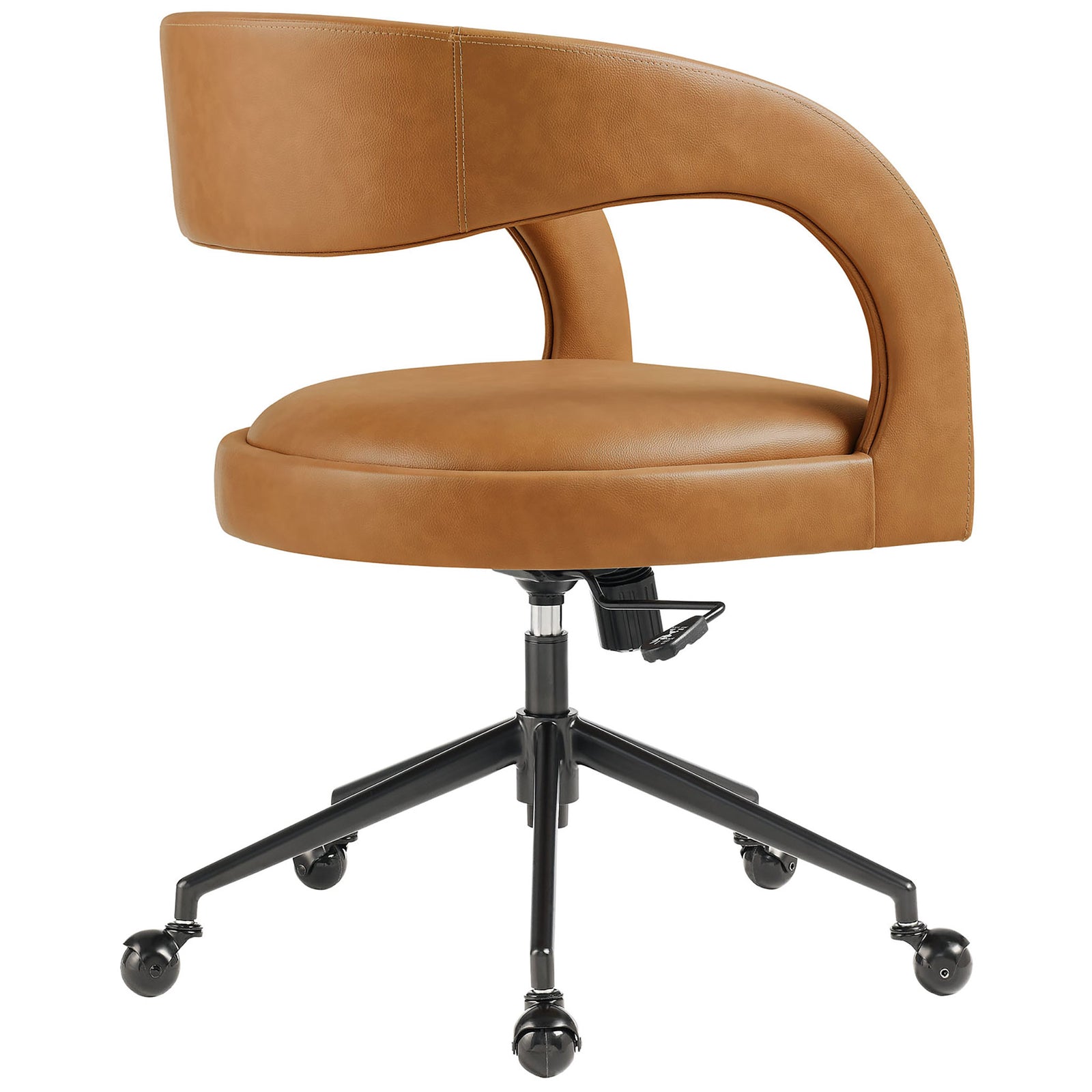 Tan vegan leather chair with smooth curved backrest and clean stitching over a sturdy black base || EEI-7150-TAN || back_angle_studio