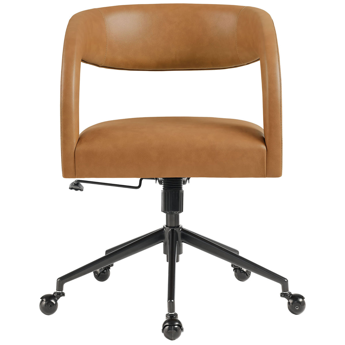 Tan vegan leather barrel office chair with open back and black base on rollerball casters || EEI-7150-TAN || front_studio