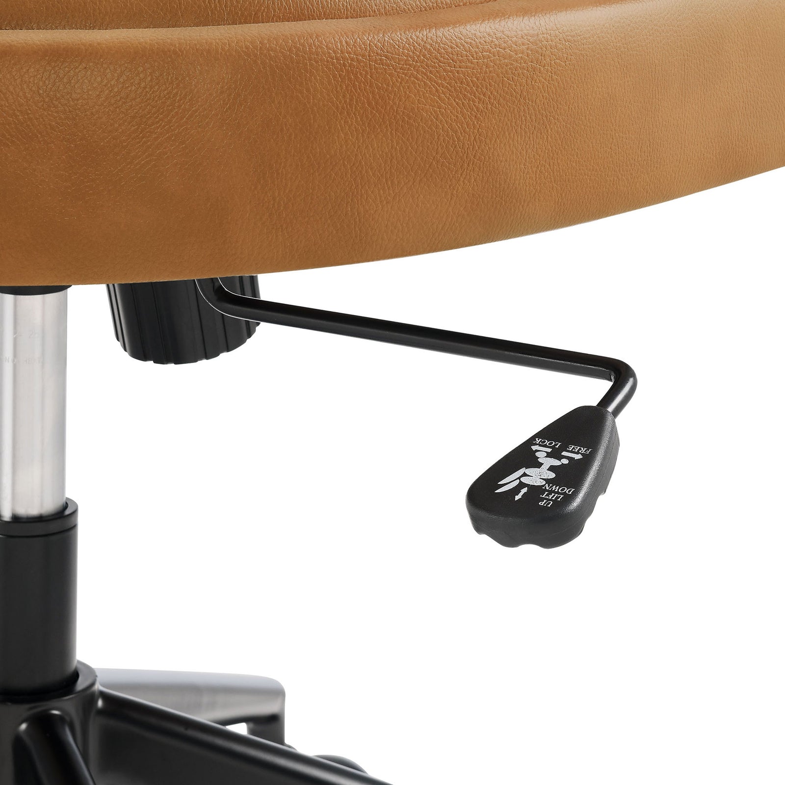Adjustable height and tilt tension control lever beneath the cushioned tan vegan leather seat || EEI-7150-TAN || detail_studio