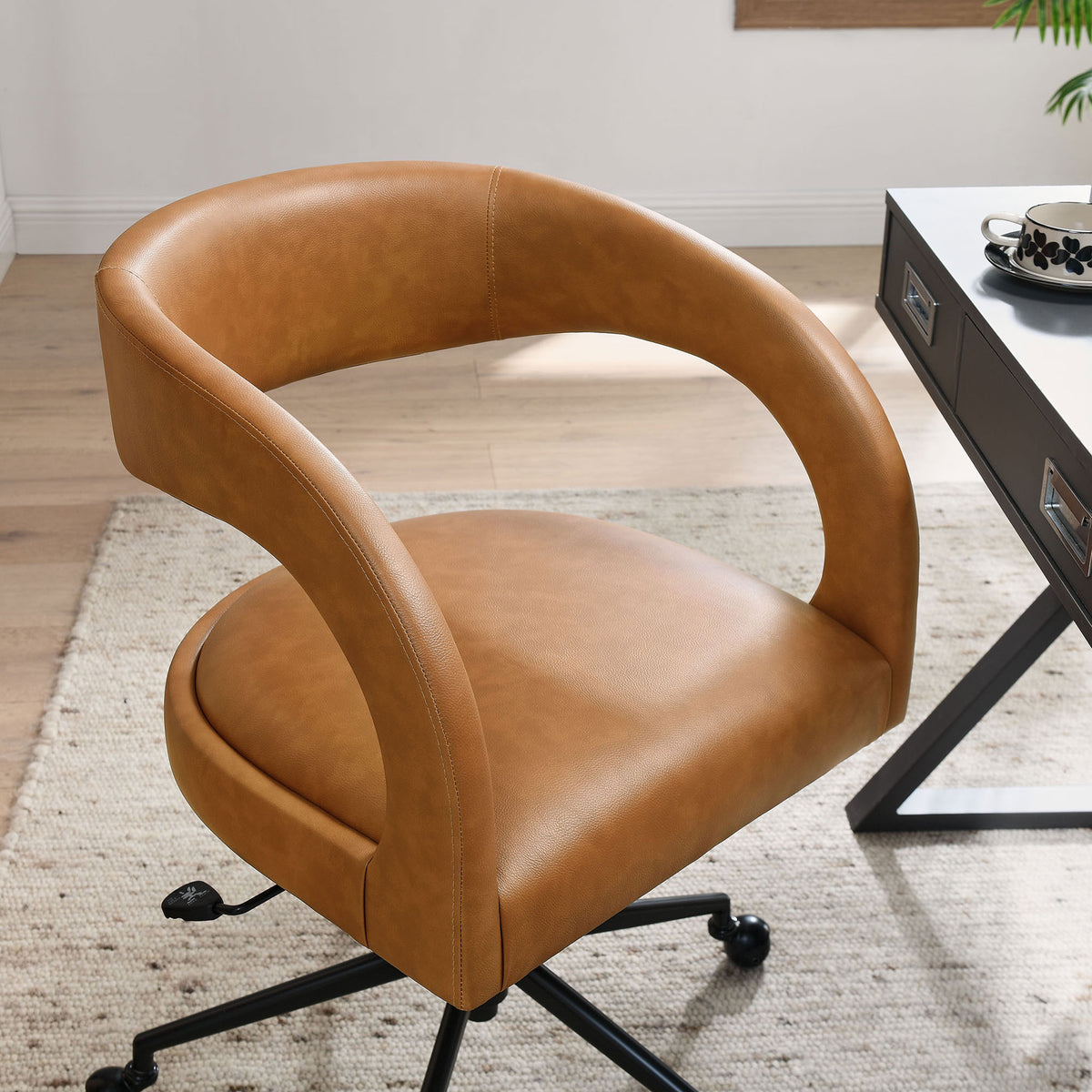 Tan vegan leather office chair styled in a modern home workspace beside a contemporary desk || EEI-7150-TAN || front_angle_room