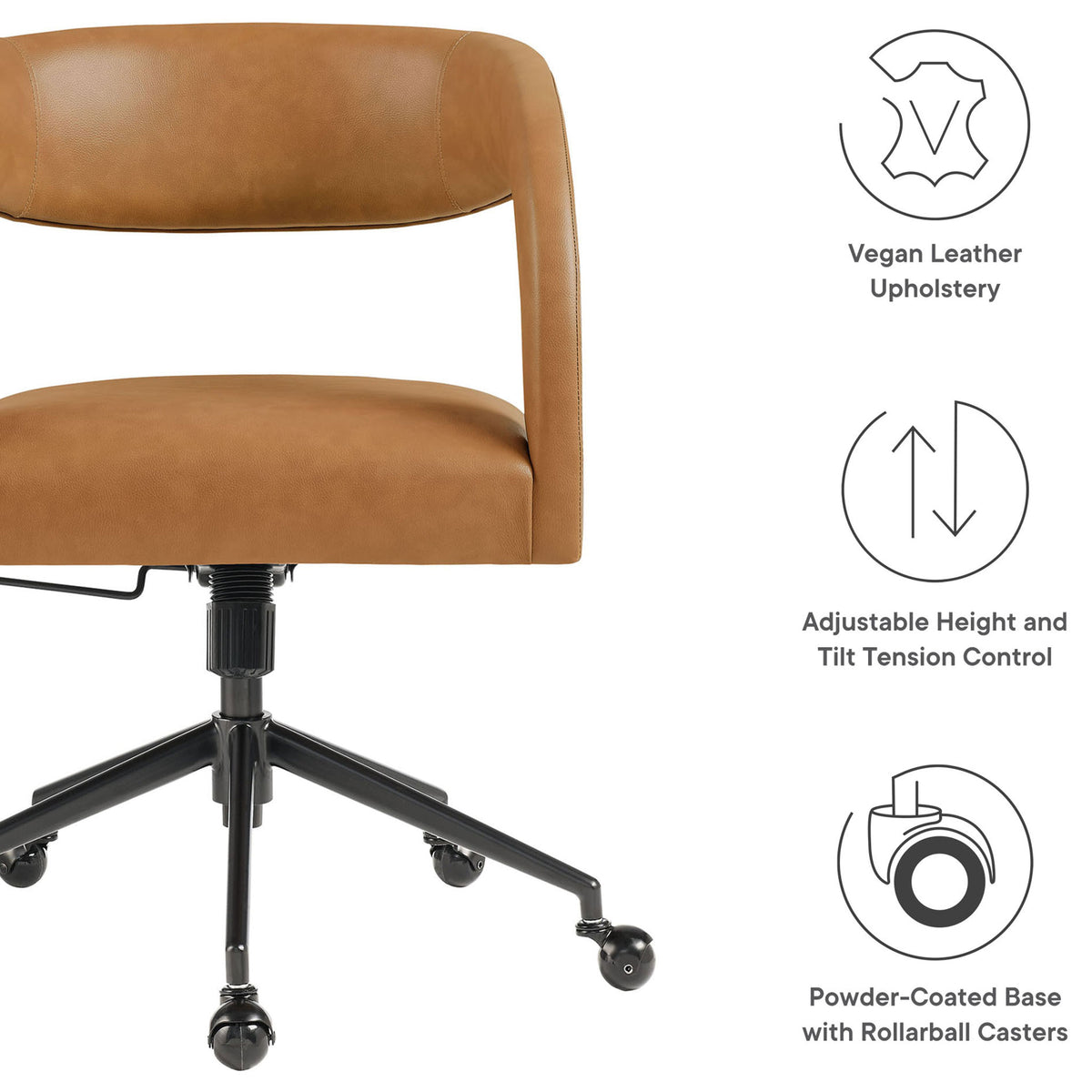 Feature callouts highlighting vegan leather upholstery, adjustable comfort, and powder-coated base with casters || EEI-7150-TAN || callout_studio
