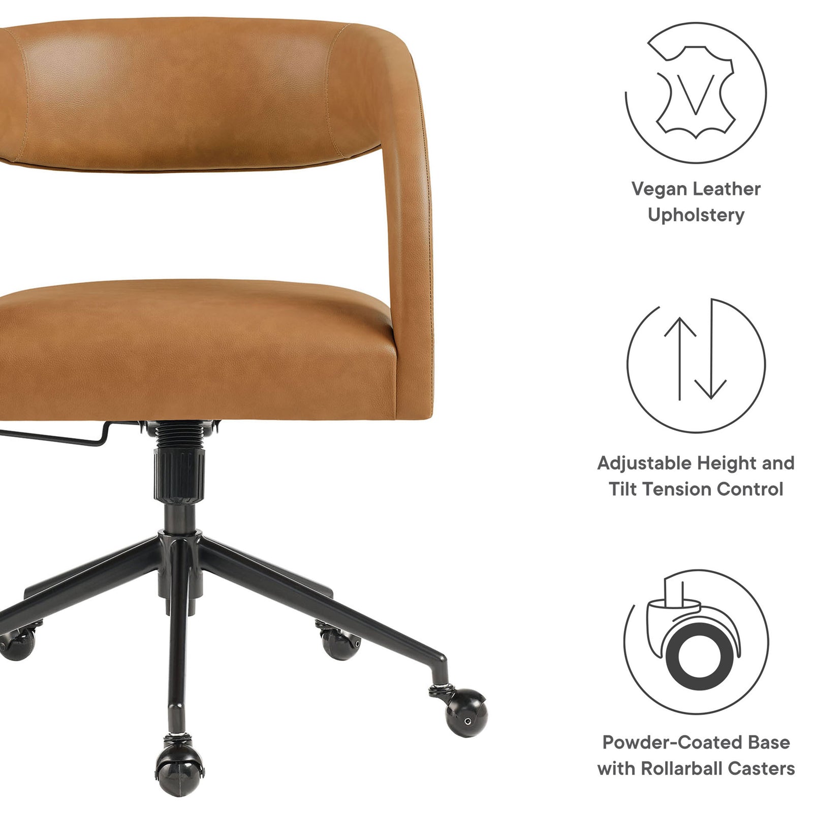Feature callouts highlighting vegan leather upholstery, adjustable comfort, and powder-coated base with casters || EEI-7150-TAN || callout_studio