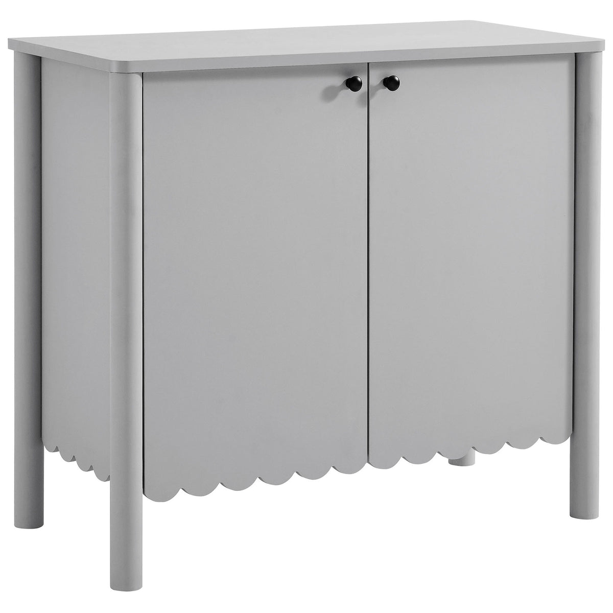Light gray scalloped cabinet with double doors, slim round legs, and black knobs for modern storage || EEI-7152-LGR || front_angle_studio