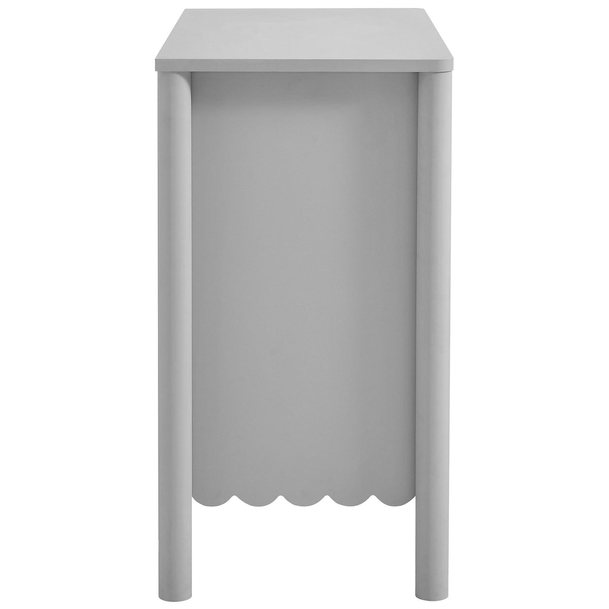 Streamlined side profile showcases the smooth paneling and playful scalloped skirt of this light gray cabinet || EEI-7152-LGR || side_studio