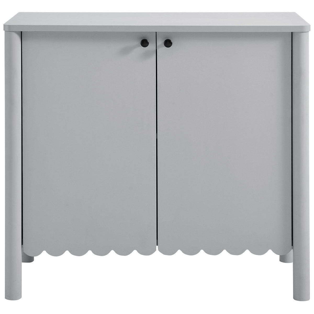 Clean front of the Emmeline cabinet with scalloped base, twin doors, and contrasting black knobs || EEI-7152-LGR || front_studio
