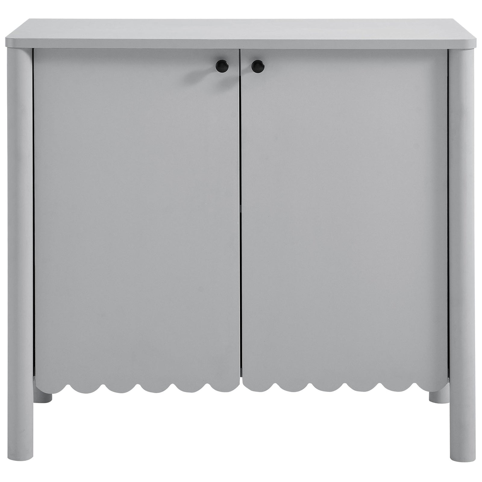 Clean front of the Emmeline cabinet with scalloped base, twin doors, and contrasting black knobs || EEI-7152-LGR || front_studio