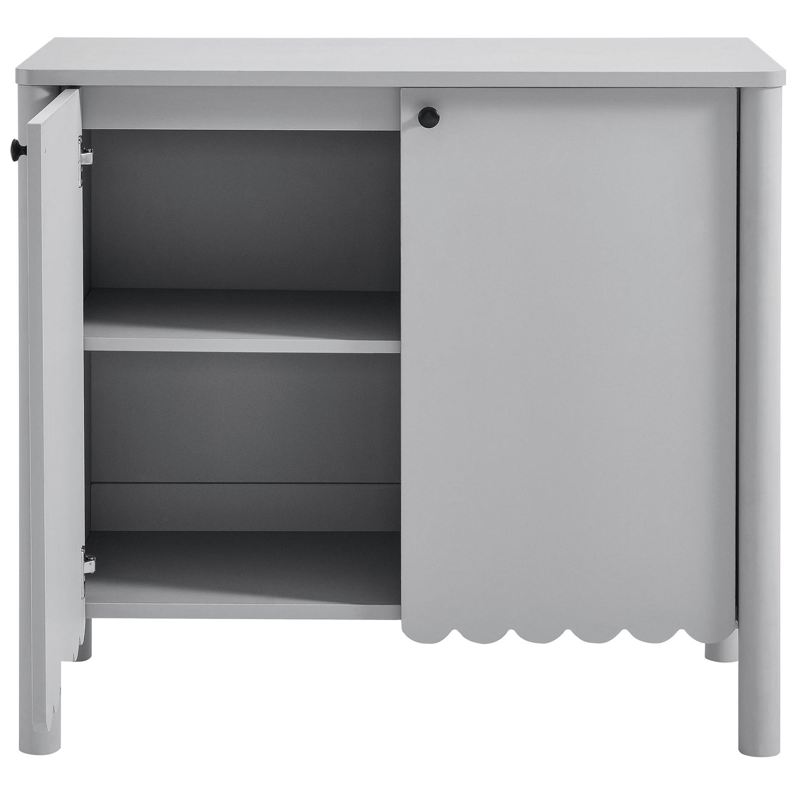 Cabinet door opens to reveal spacious adjustable shelving for dishes, media, or entryway essentials || EEI-7152-LGR || front_open_studio