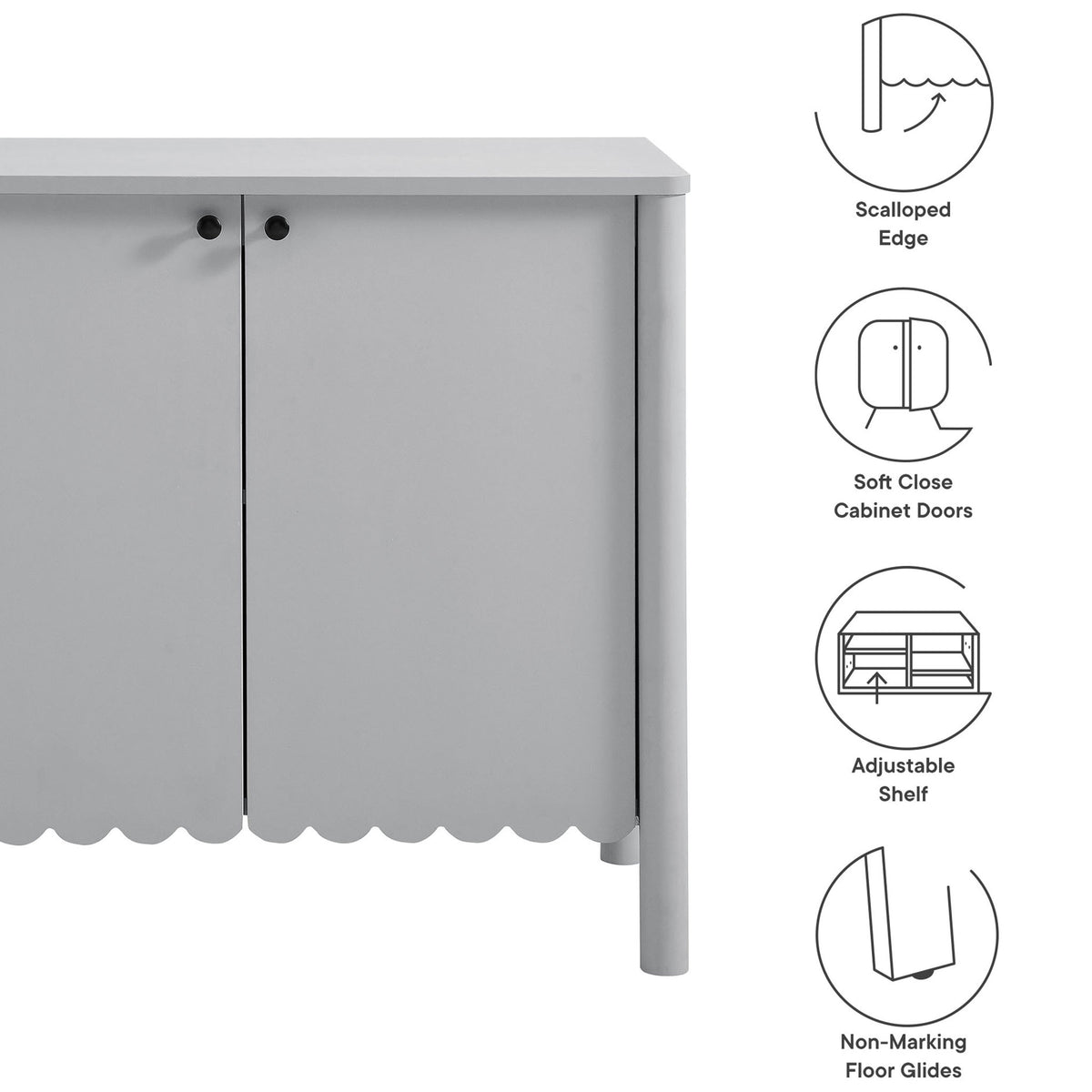Feature icons highlight the Emmeline cabinet's scalloped edge, soft-close doors, adjustable shelf, and floor glides || EEI-7152-LGR || callout_studio