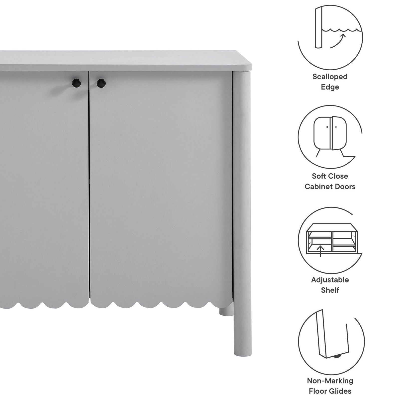 Feature icons highlight the Emmeline cabinet's scalloped edge, soft-close doors, adjustable shelf, and floor glides || EEI-7152-LGR || callout_studio