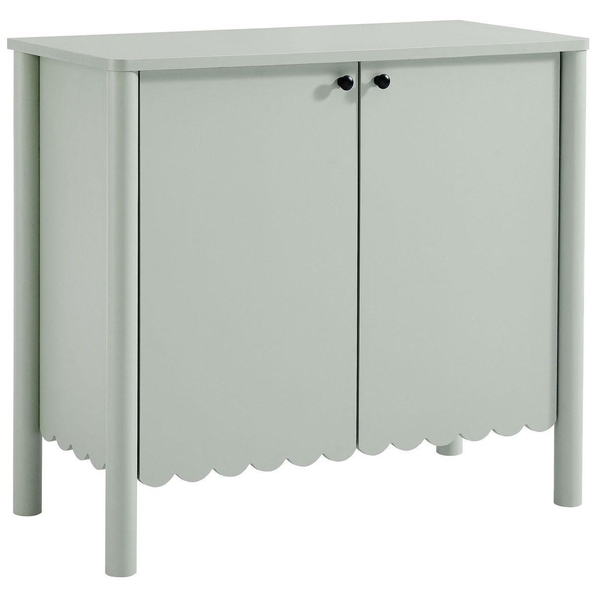 Sage green scalloped sideboard cabinet with rounded legs and twin doors with black knobs || EEI-7152-SGE || front_angle_studio