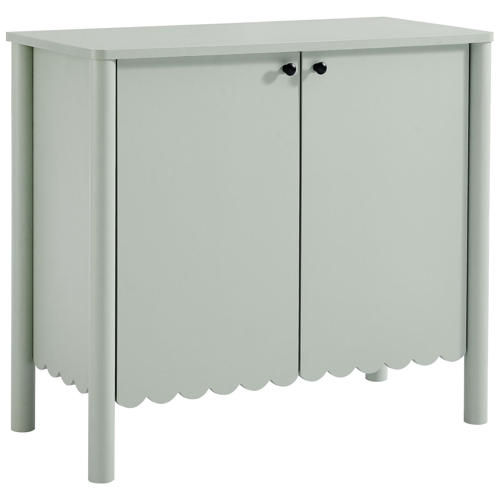 Sage green scalloped sideboard cabinet with rounded legs and twin doors with black knobs || EEI-7152-SGE || front_angle_studio