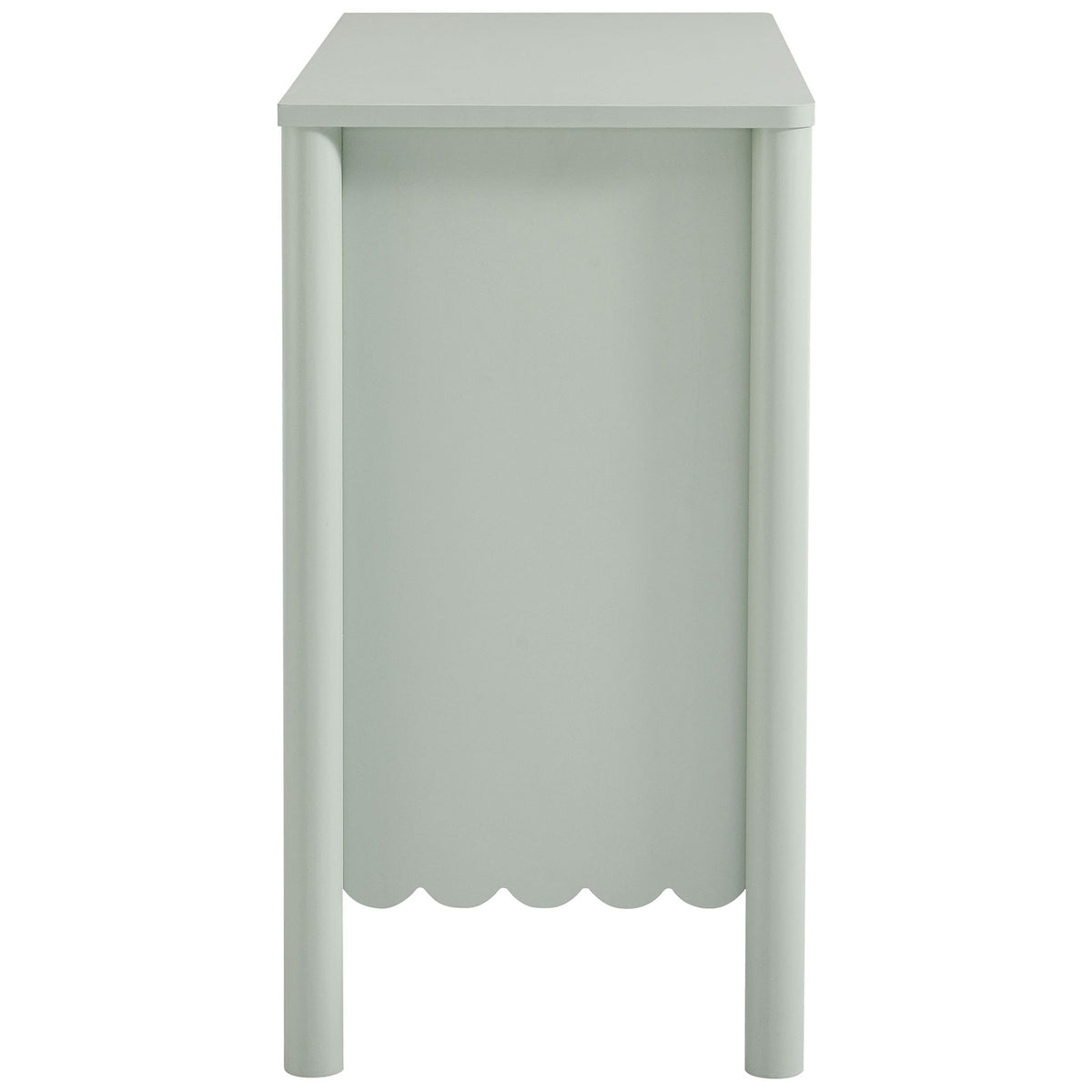 Slim sage green cabinet highlighting its smooth side panel and scalloped apron detail || EEI-7152-SGE || side_studio