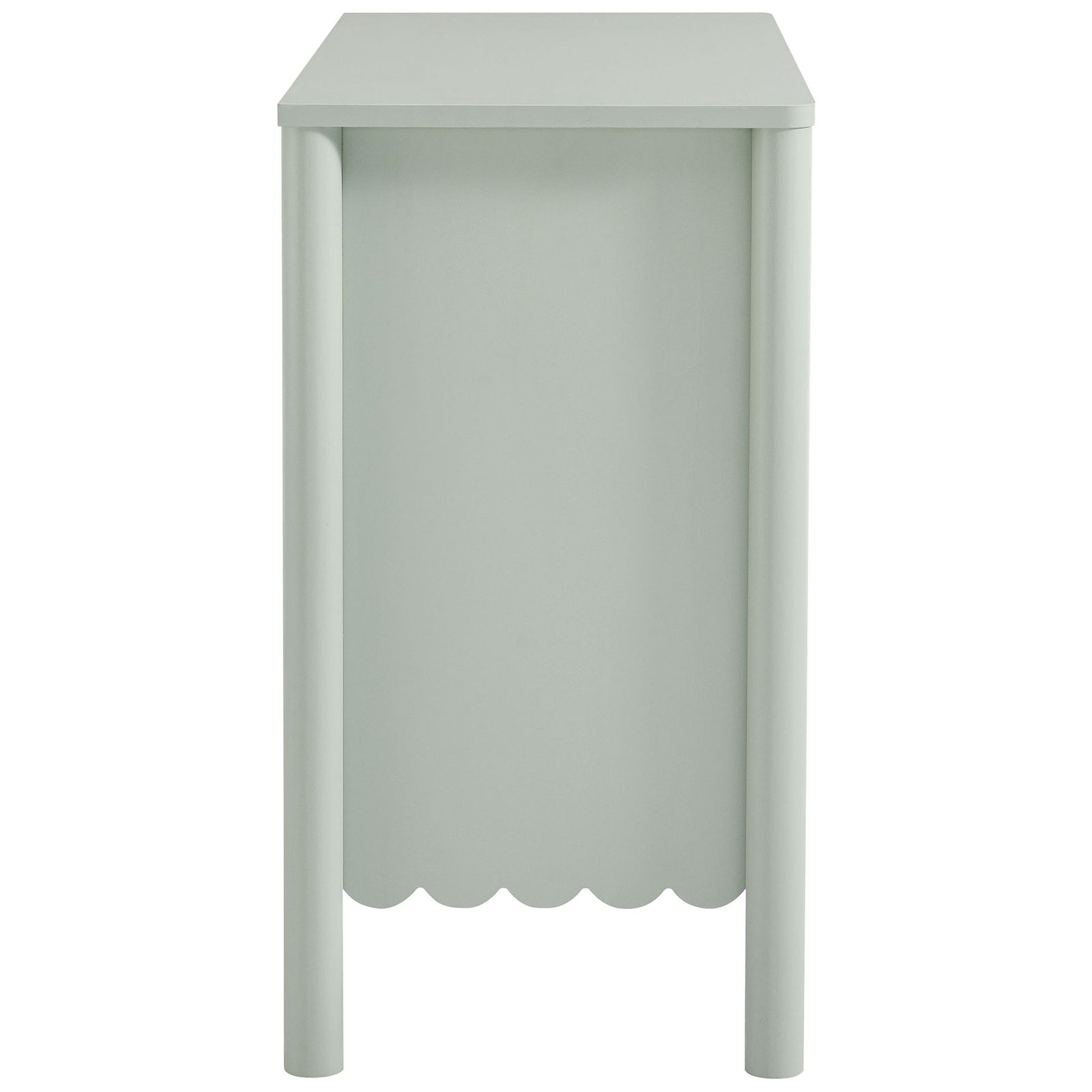 Slim sage green cabinet highlighting its smooth side panel and scalloped apron detail || EEI-7152-SGE || side_studio