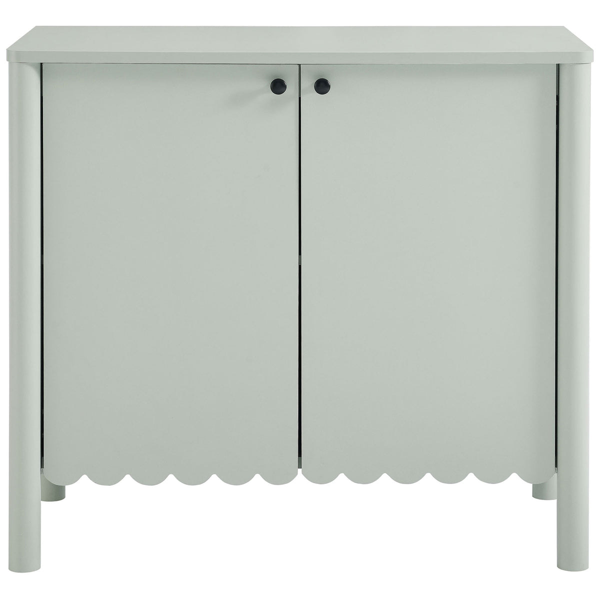 Sage green scalloped sideboard with two smooth-front doors and contrasting round black knobs || EEI-7152-SGE || front_studio