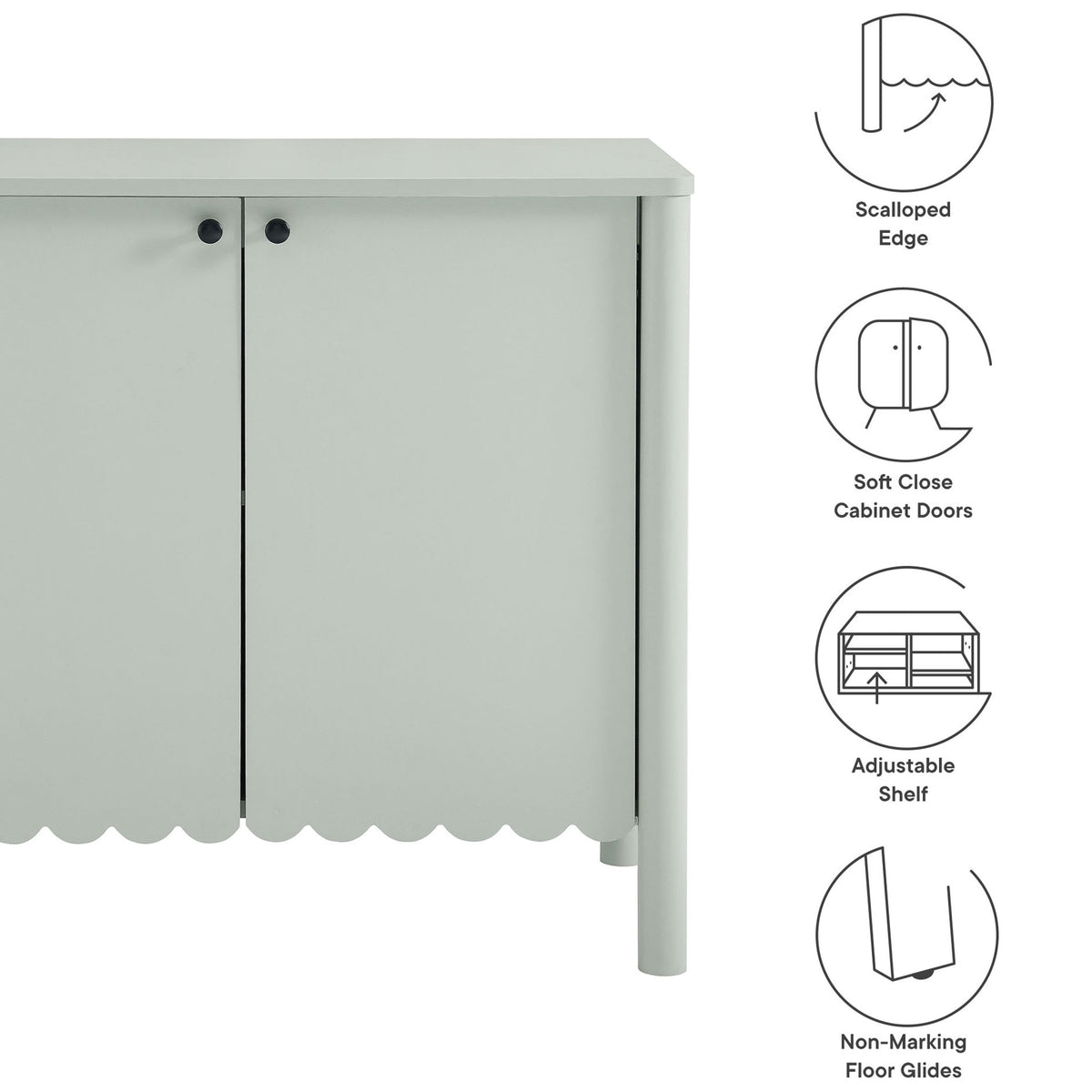 Sage green cabinet with scalloped base beside icons for soft-close doors and adjustable shelf features || EEI-7152-SGE || callout_studio